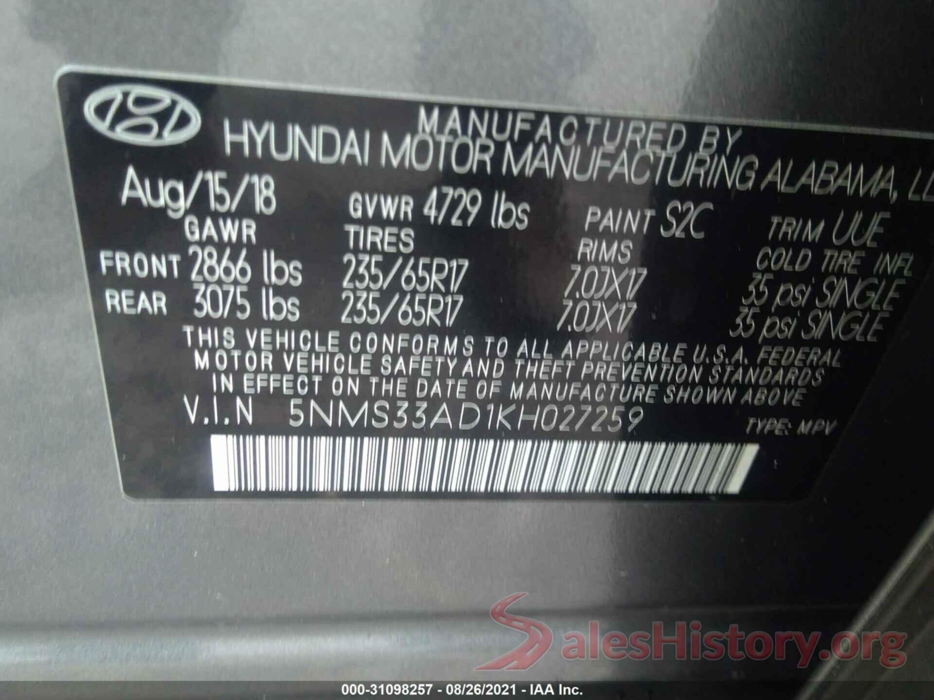 5NMS33AD1KH027259 2019 HYUNDAI SANTA FE