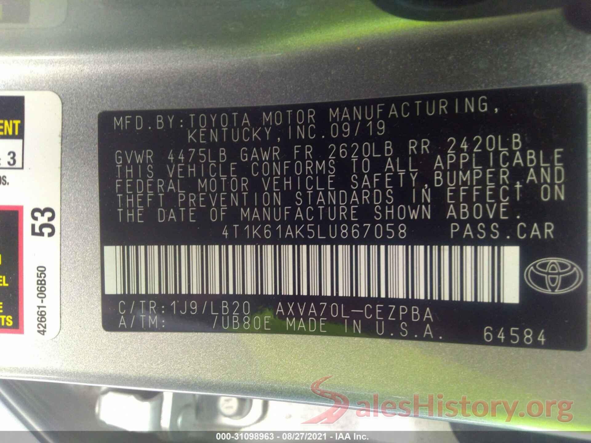 4T1K61AK5LU867058 2020 TOYOTA CAMRY