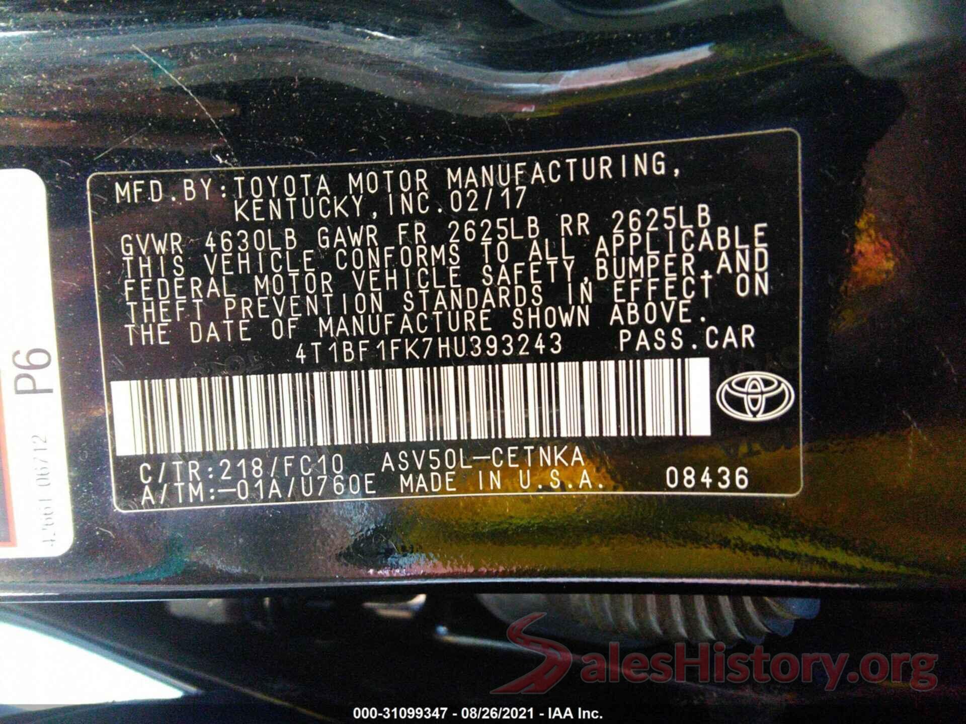 4T1BF1FK7HU393243 2017 TOYOTA CAMRY