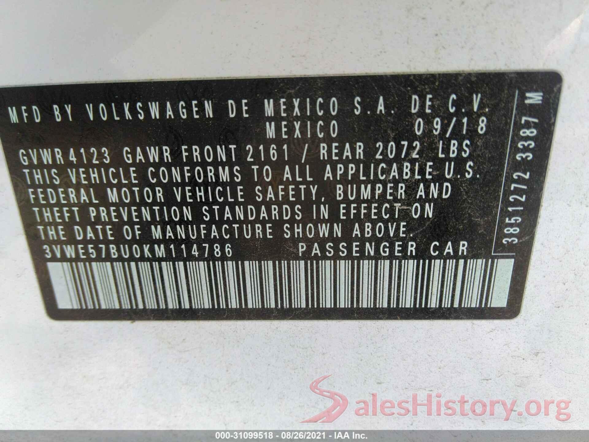 3VWE57BU0KM114786 2019 VOLKSWAGEN JETTA