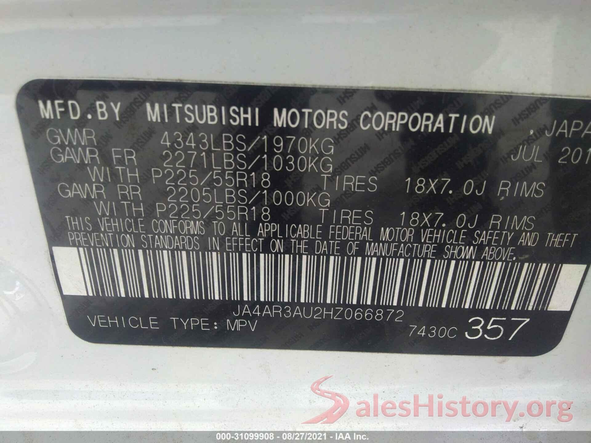 JA4AR3AU2HZ066872 2017 MITSUBISHI OUTLANDER SPORT