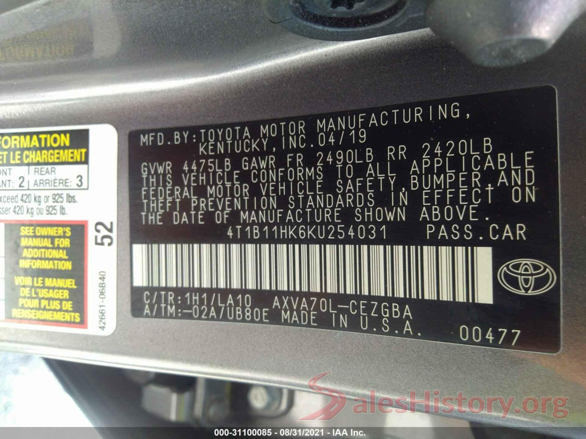 4T1B11HK6KU254031 2019 TOYOTA CAMRY