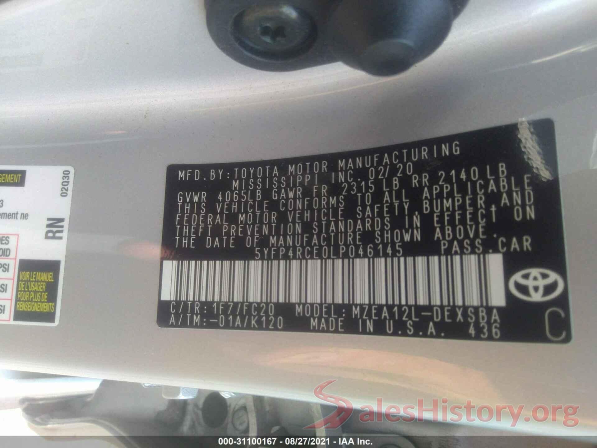 5YFP4RCE0LP046145 2020 TOYOTA COROLLA