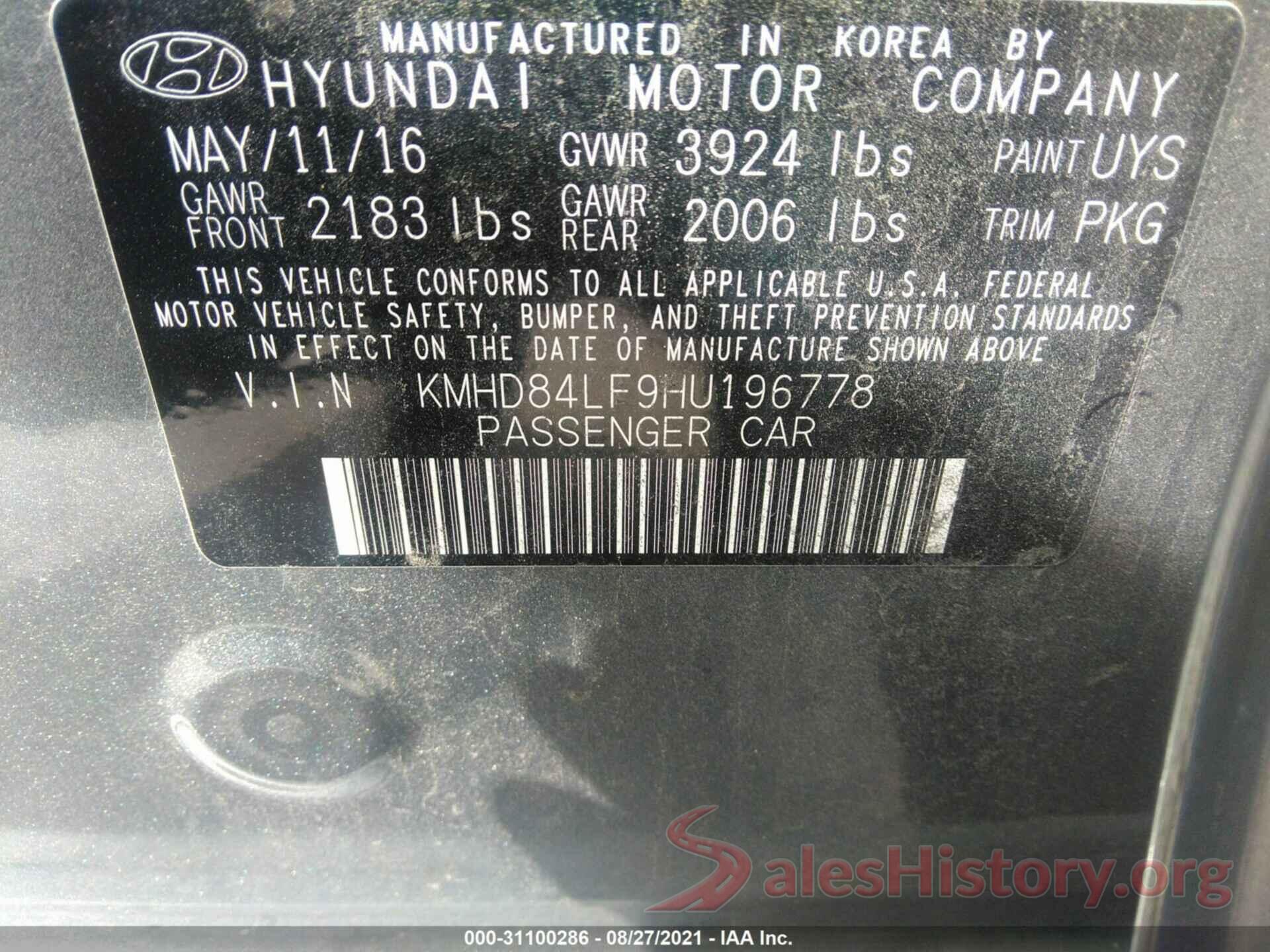 KMHD84LF9HU196778 2017 HYUNDAI ELANTRA