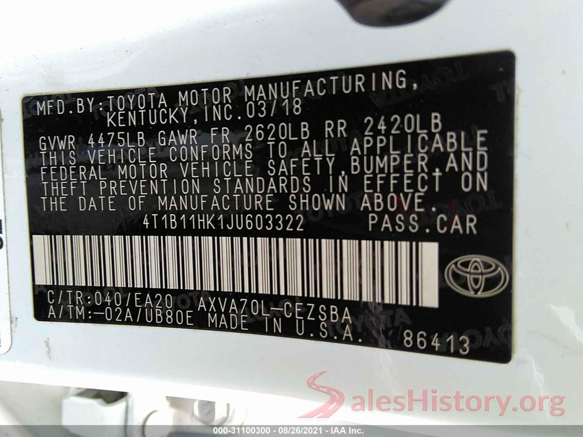 4T1B11HK1JU603322 2018 TOYOTA CAMRY