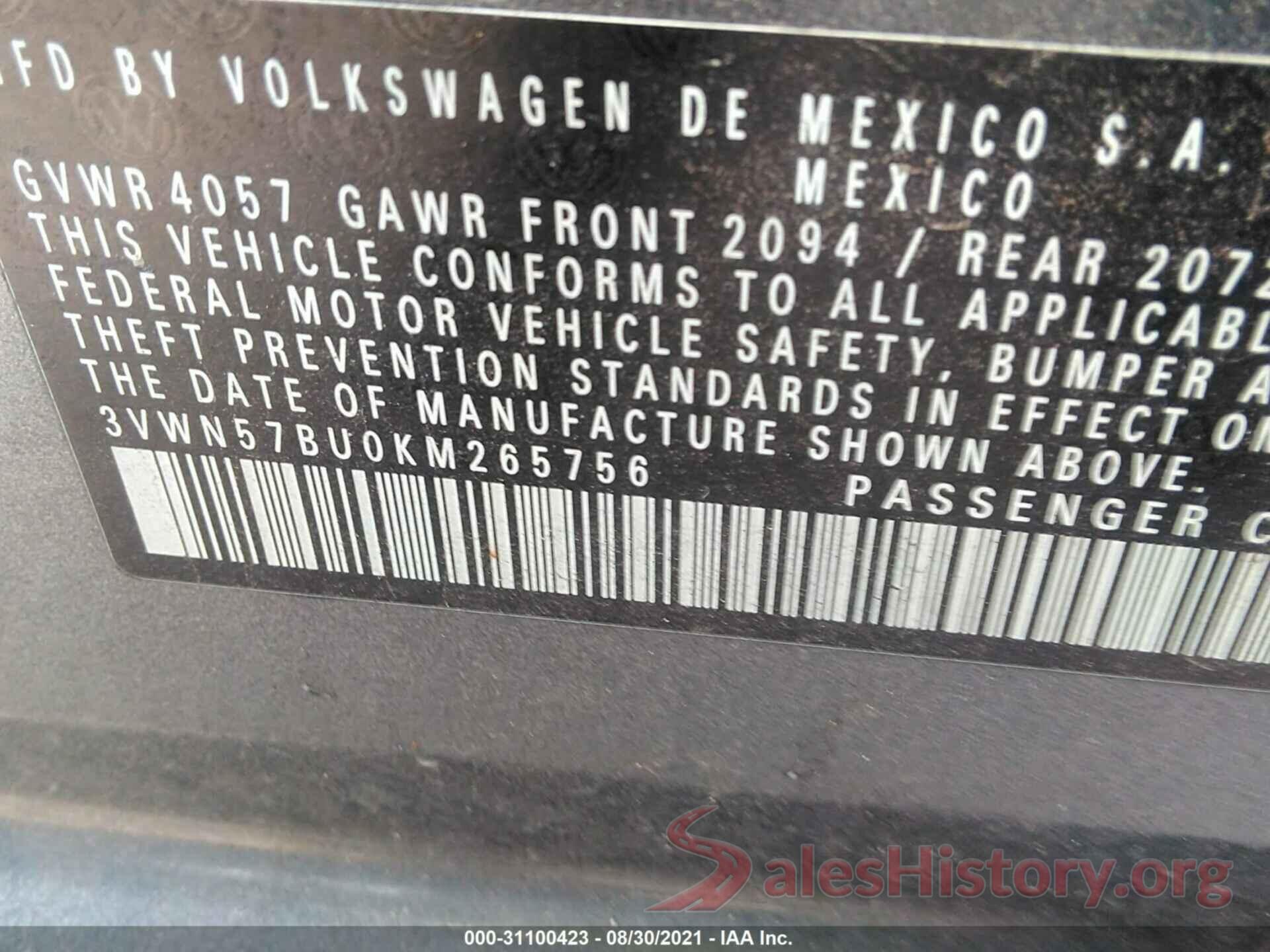 3VWN57BU0KM265756 2019 VOLKSWAGEN JETTA