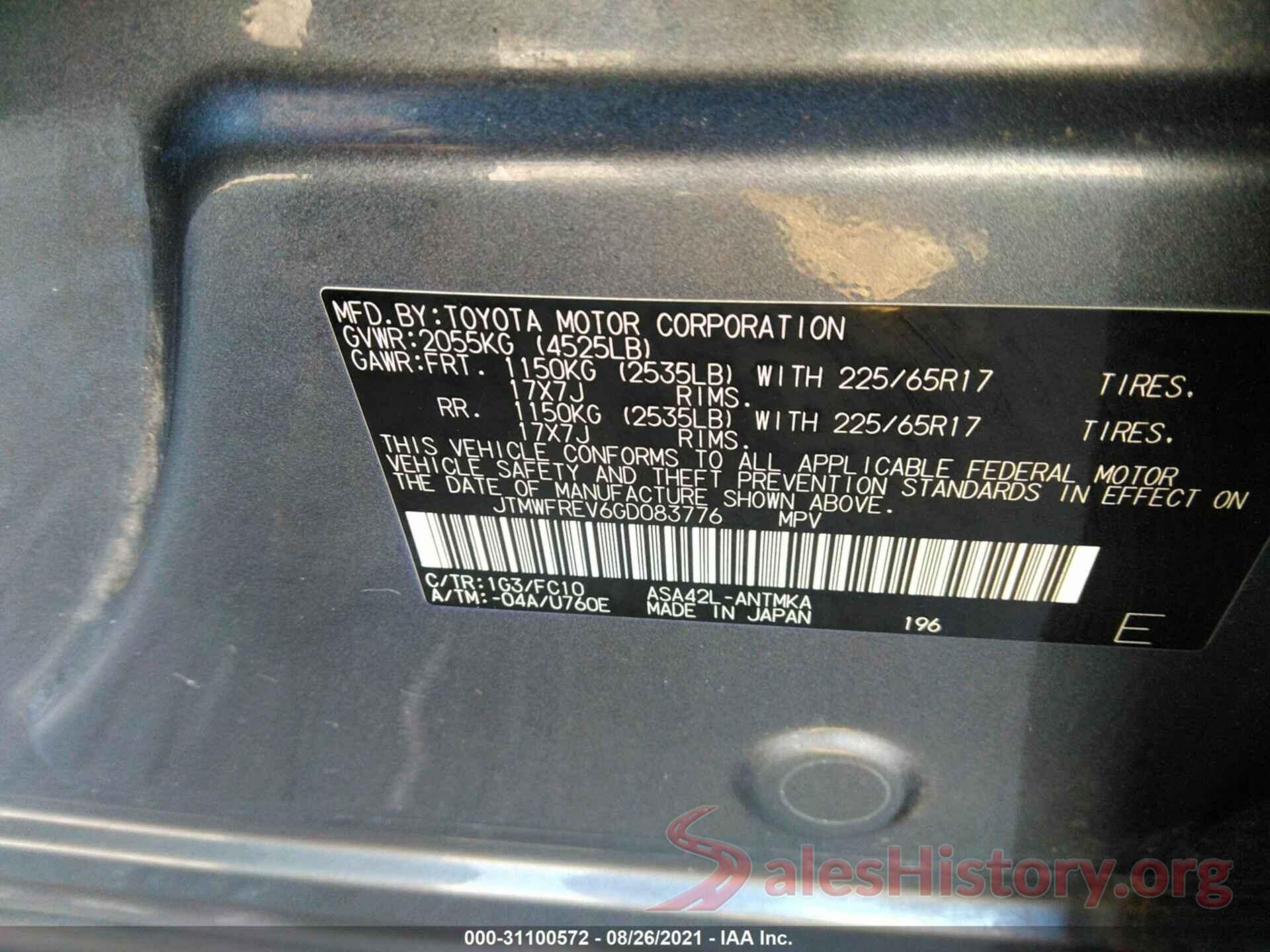 JTMWFREV6GD083776 2016 TOYOTA RAV4