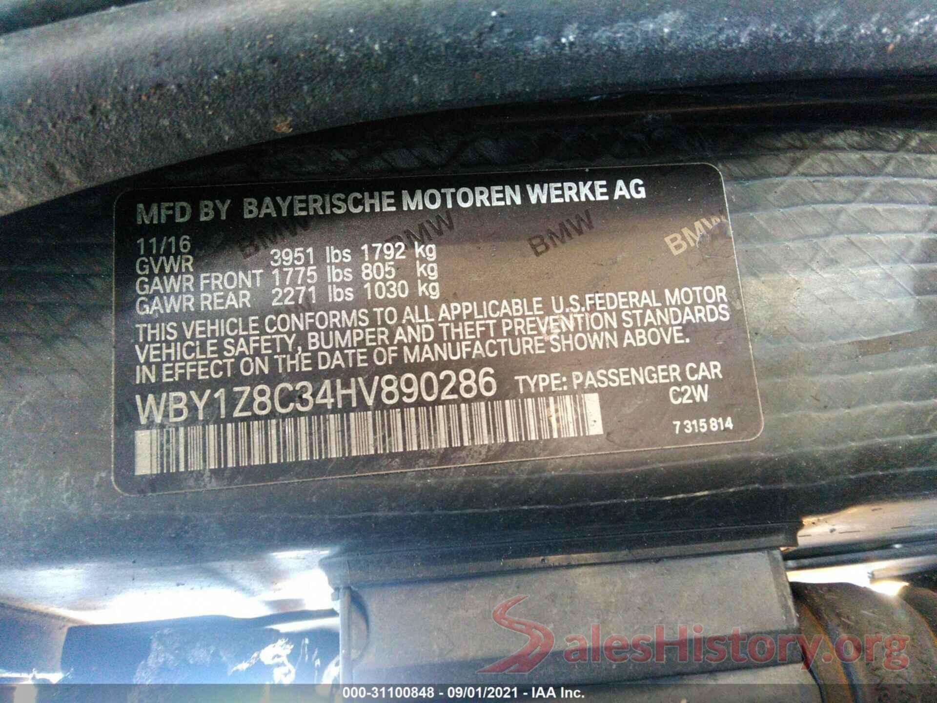 WBY1Z8C34HV890286 2017 BMW I3