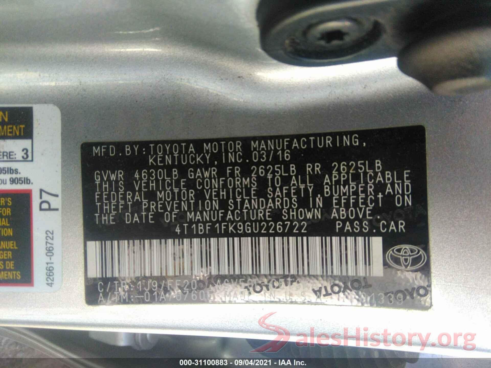 4T1BF1FK9GU226722 2016 TOYOTA CAMRY