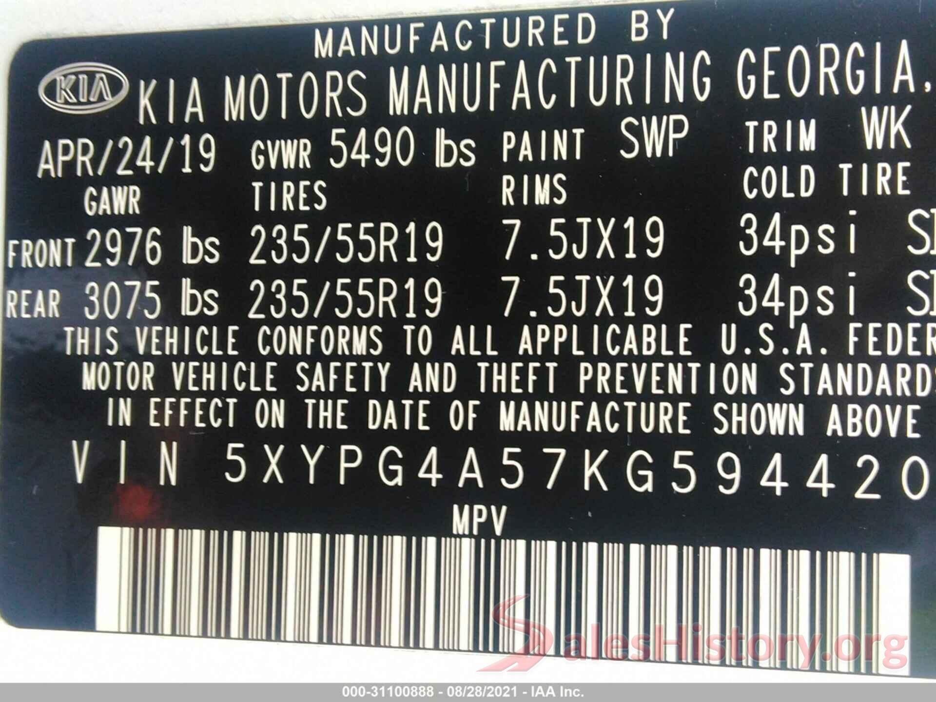 5XYPG4A57KG594420 2019 KIA SORENTO