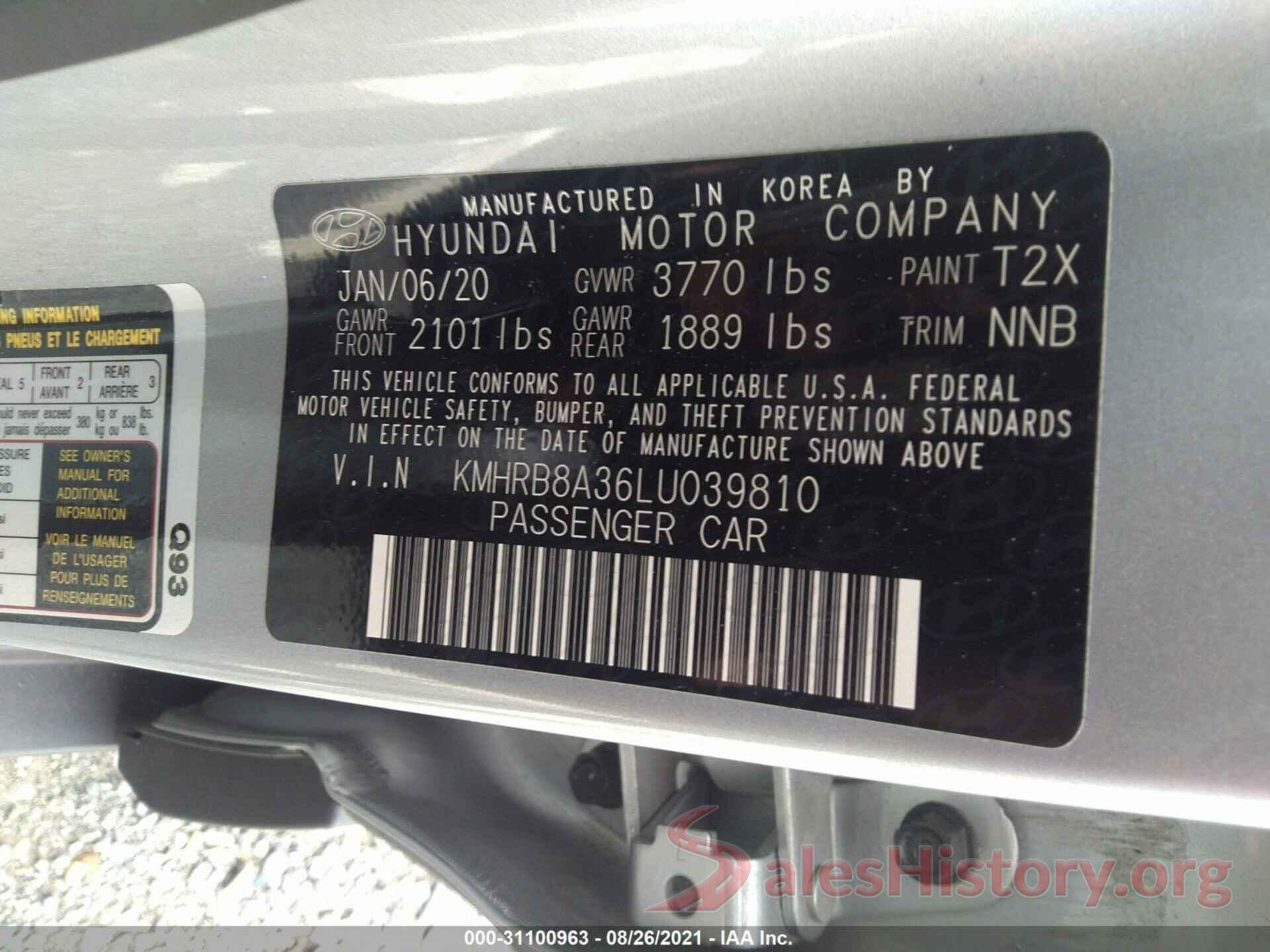 KMHRB8A36LU039810 2020 HYUNDAI VENUE