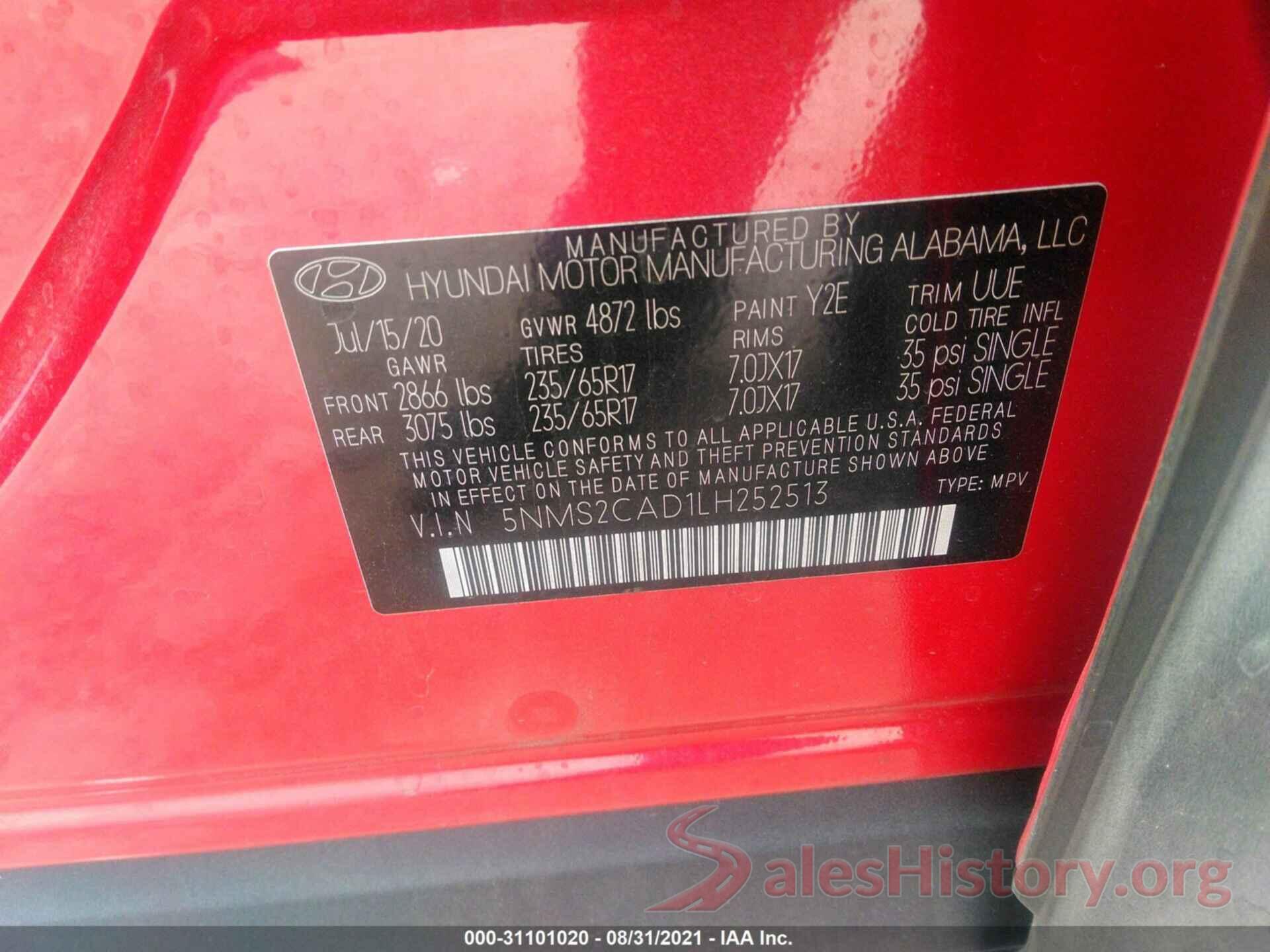 5NMS2CAD1LH252513 2020 HYUNDAI SANTA FE