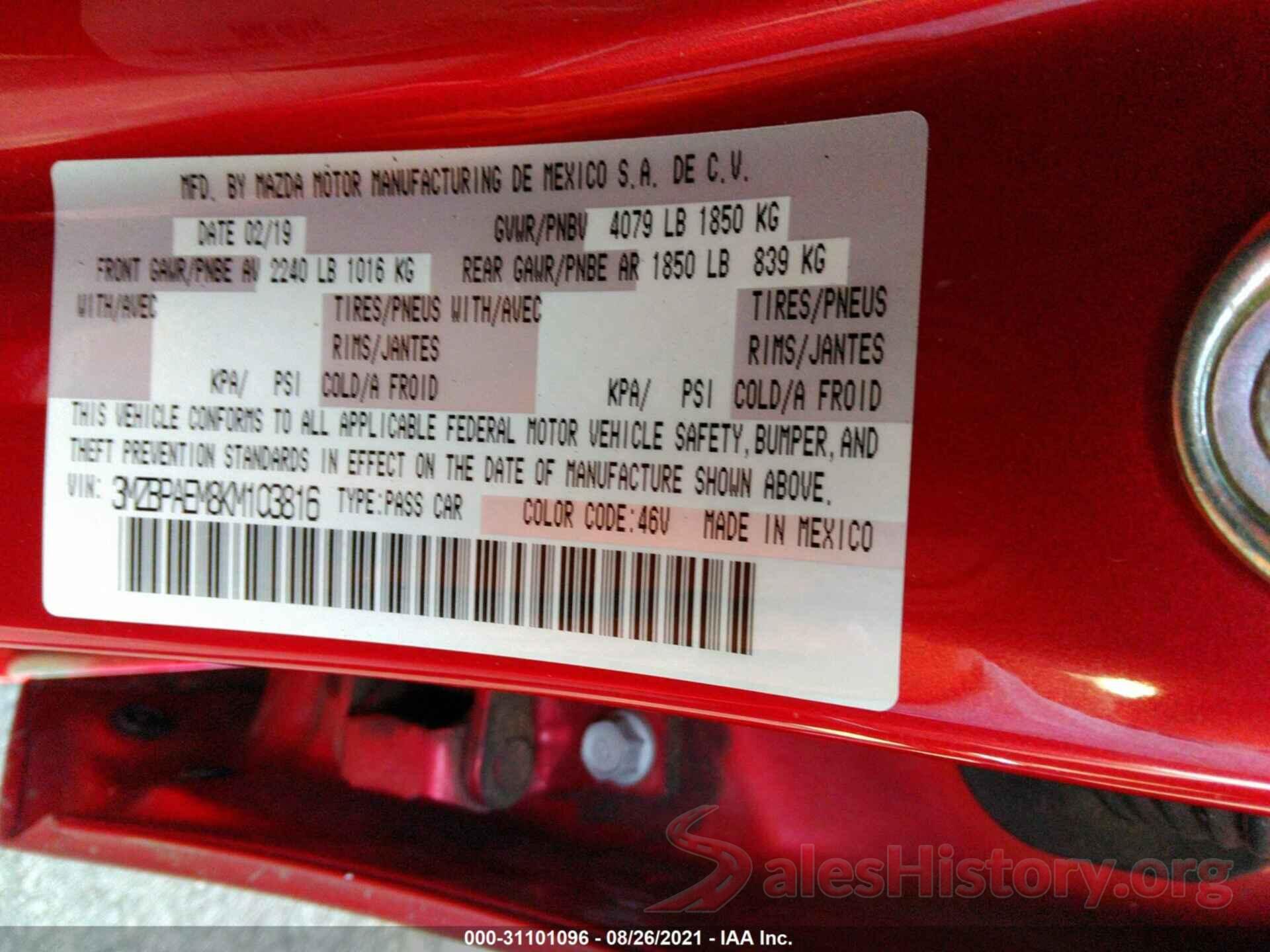 3MZBPAEM8KM103816 2019 MAZDA MAZDA3 SEDAN