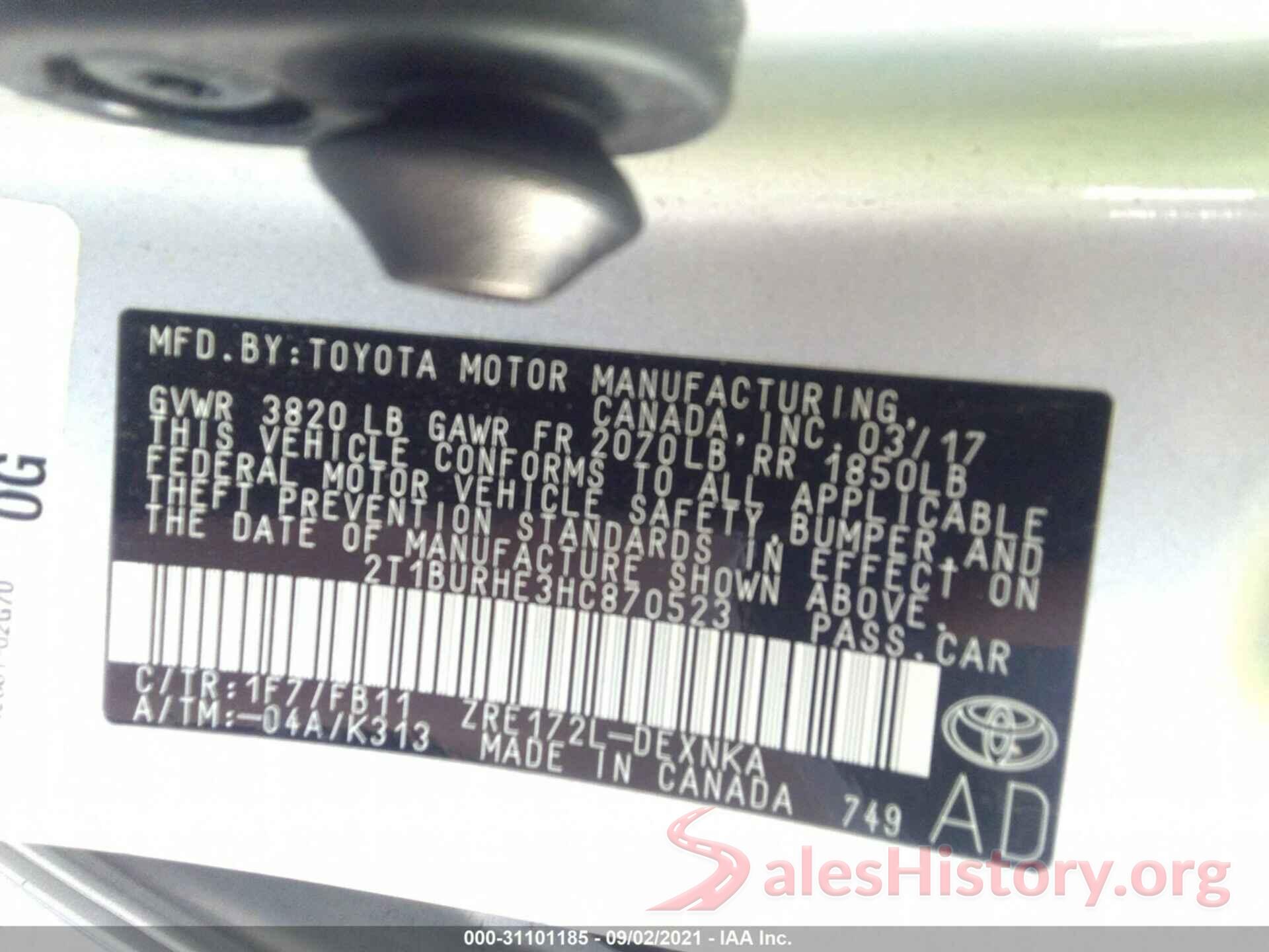 2T1BURHE3HC870523 2017 TOYOTA COROLLA