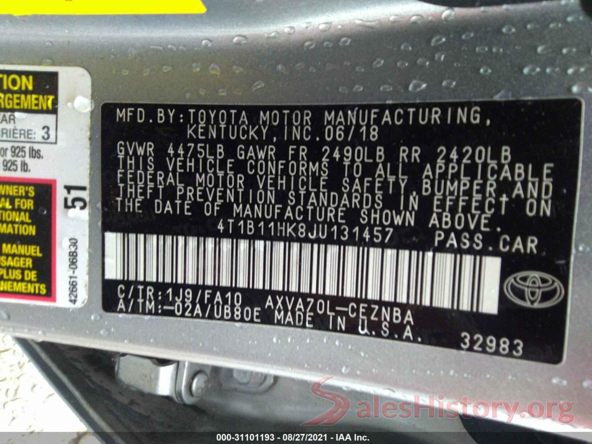 4T1B11HK8JU131457 2018 TOYOTA CAMRY