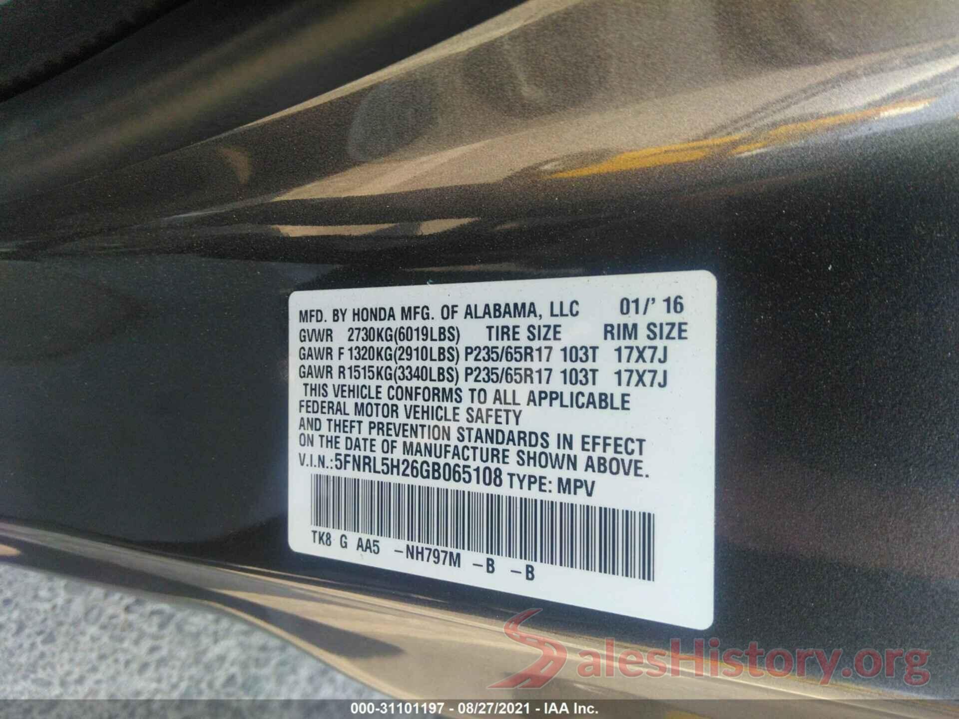 5FNRL5H26GB065108 2016 HONDA ODYSSEY