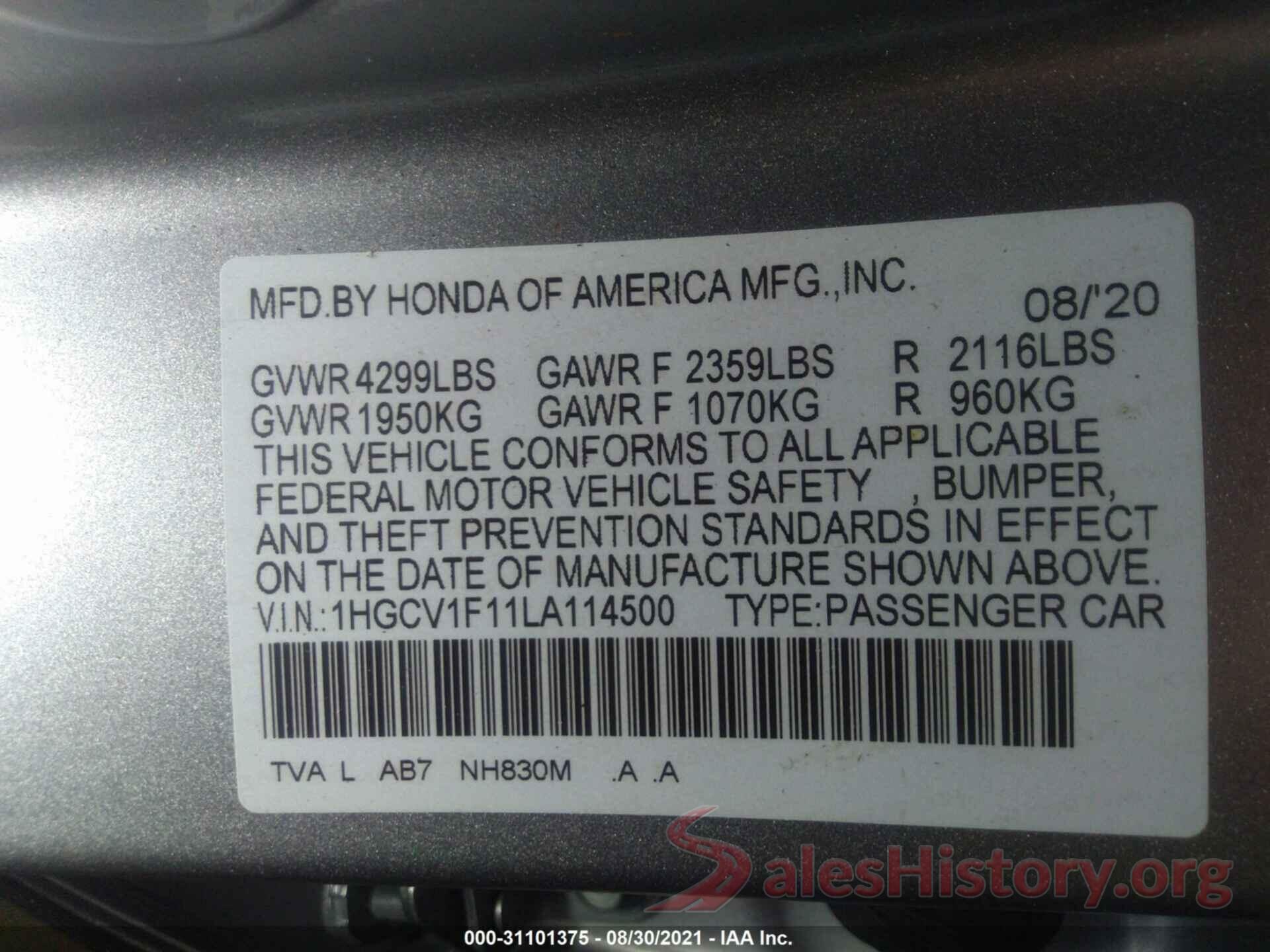 1HGCV1F11LA114500 2020 HONDA ACCORD SEDAN