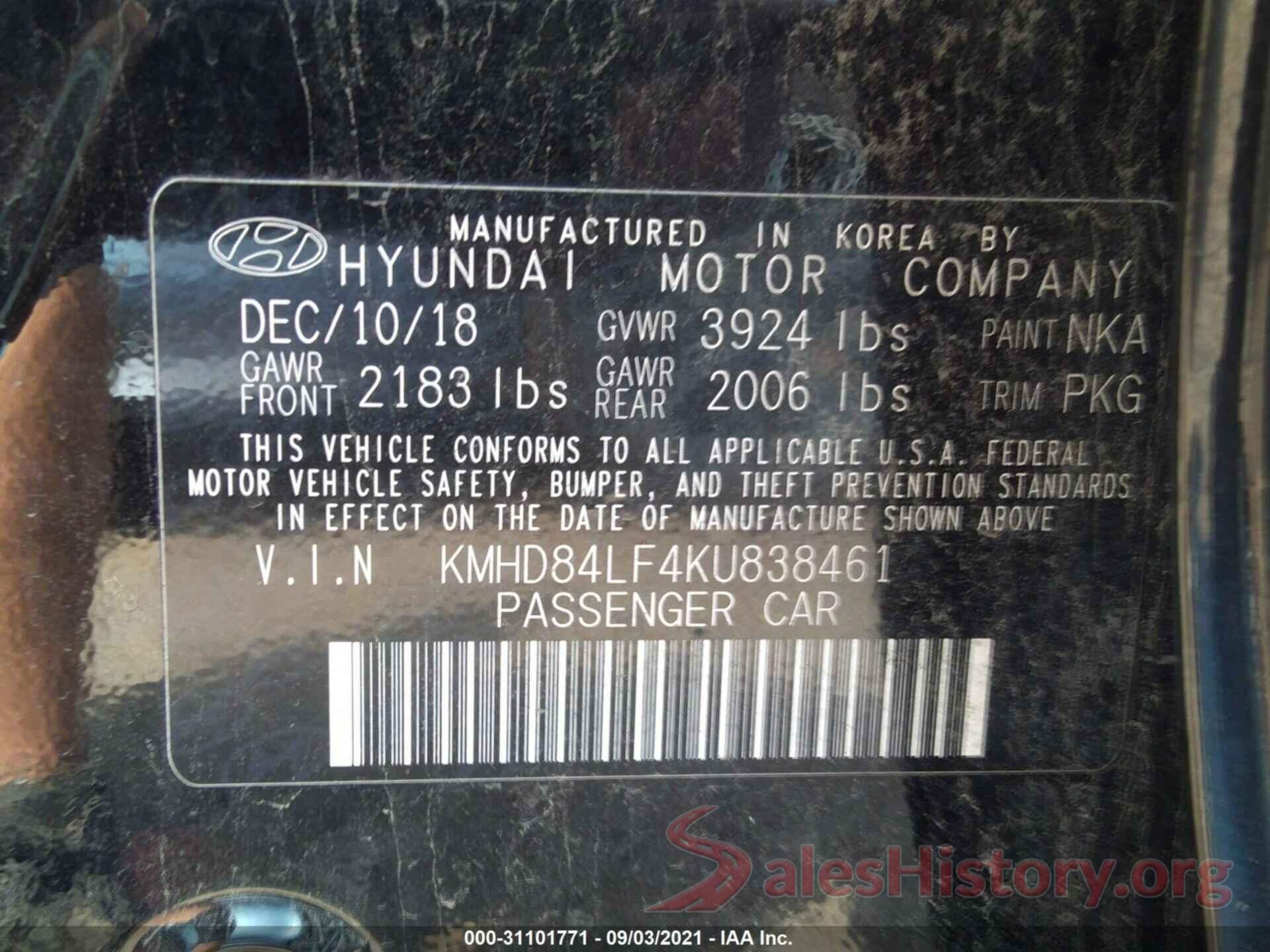 KMHD84LF4KU838461 2019 HYUNDAI ELANTRA