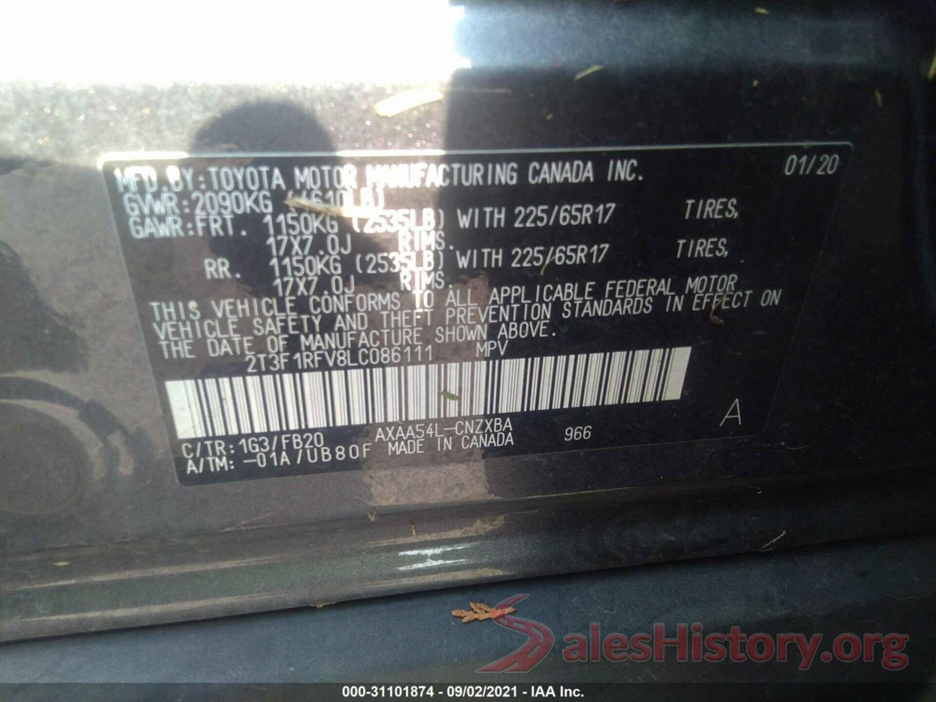 2T3F1RFV8LC086111 2020 TOYOTA RAV4