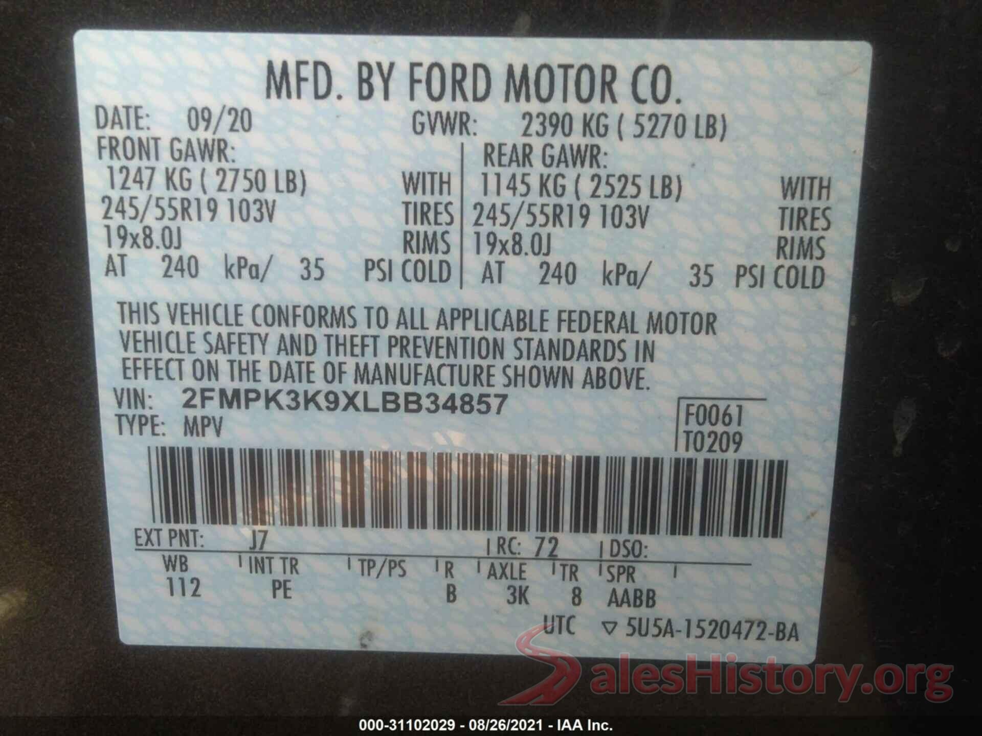 2FMPK3K9XLBB34857 2020 FORD EDGE