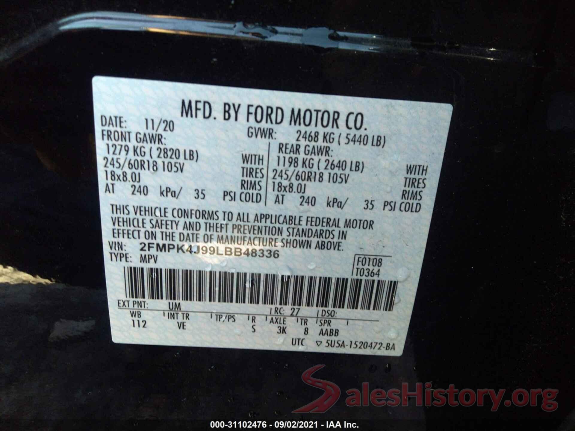 2FMPK4J99LBB48336 2020 FORD EDGE