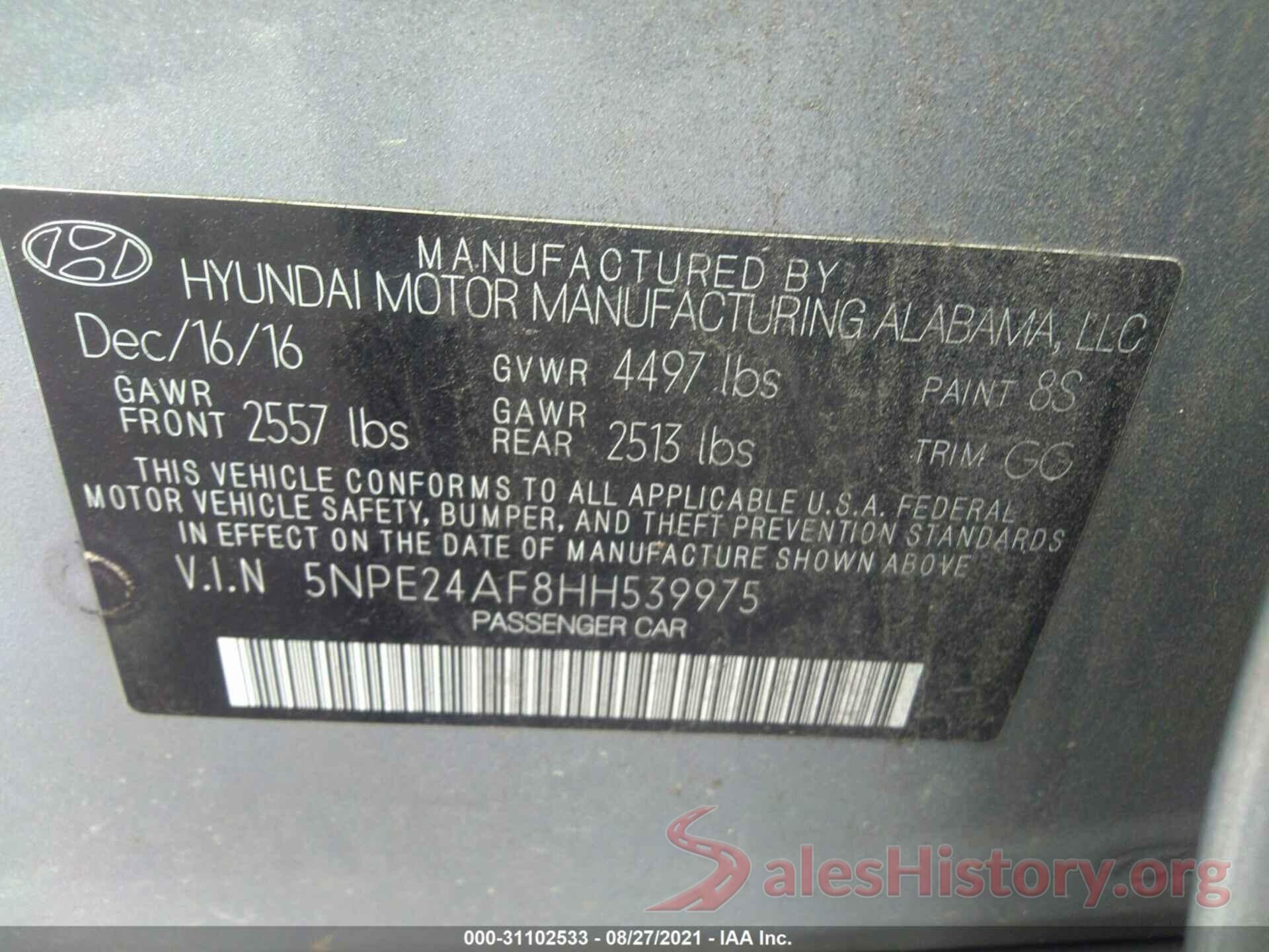 5NPE24AF8HH539975 2017 HYUNDAI SONATA