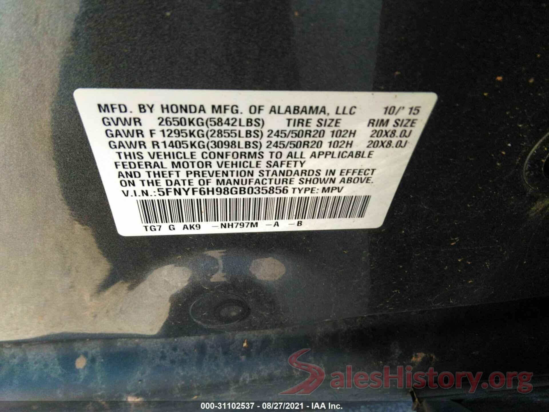 5FNYF6H98GB035856 2016 HONDA PILOT