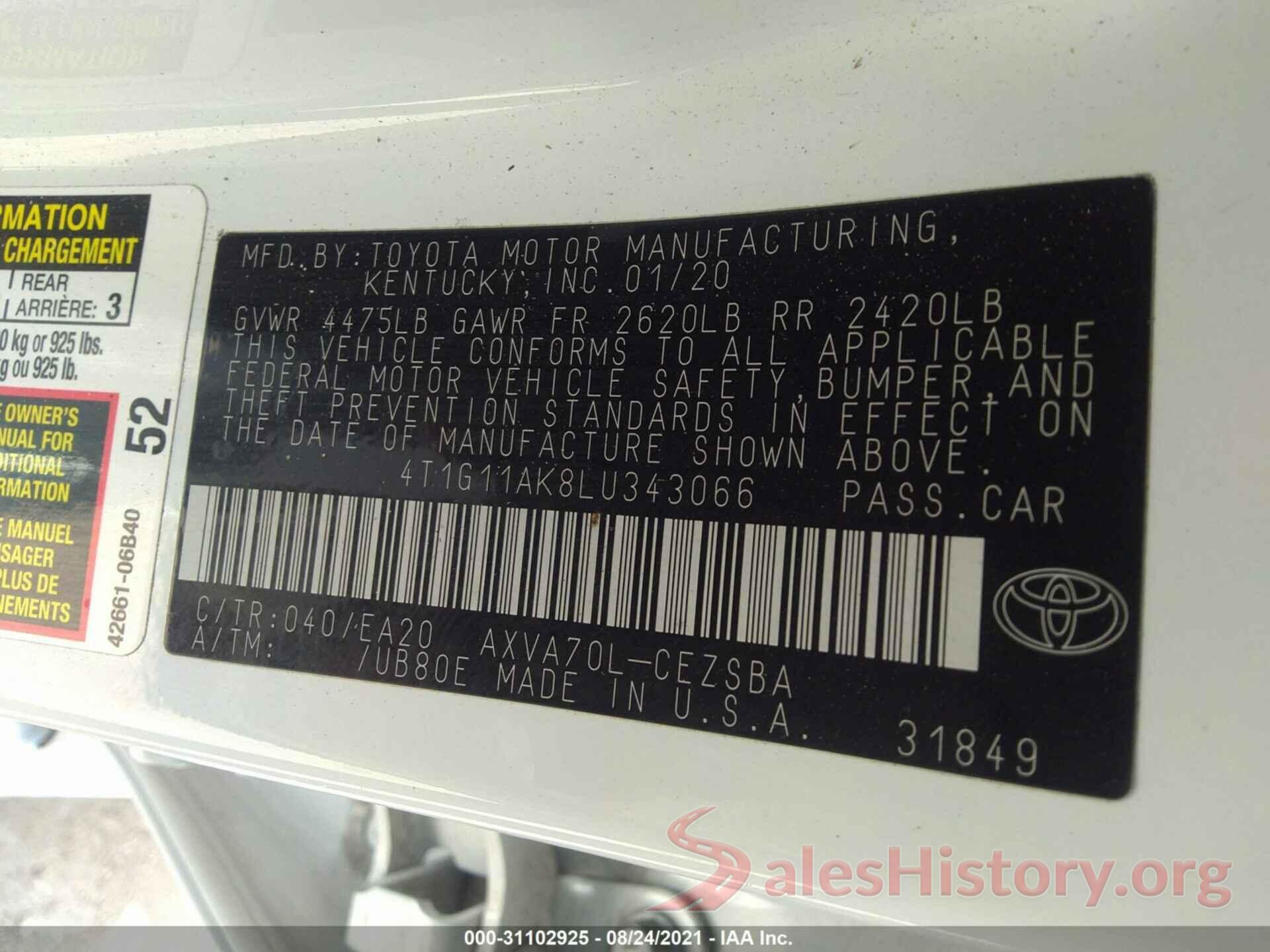 4T1G11AK8LU343066 2020 TOYOTA CAMRY