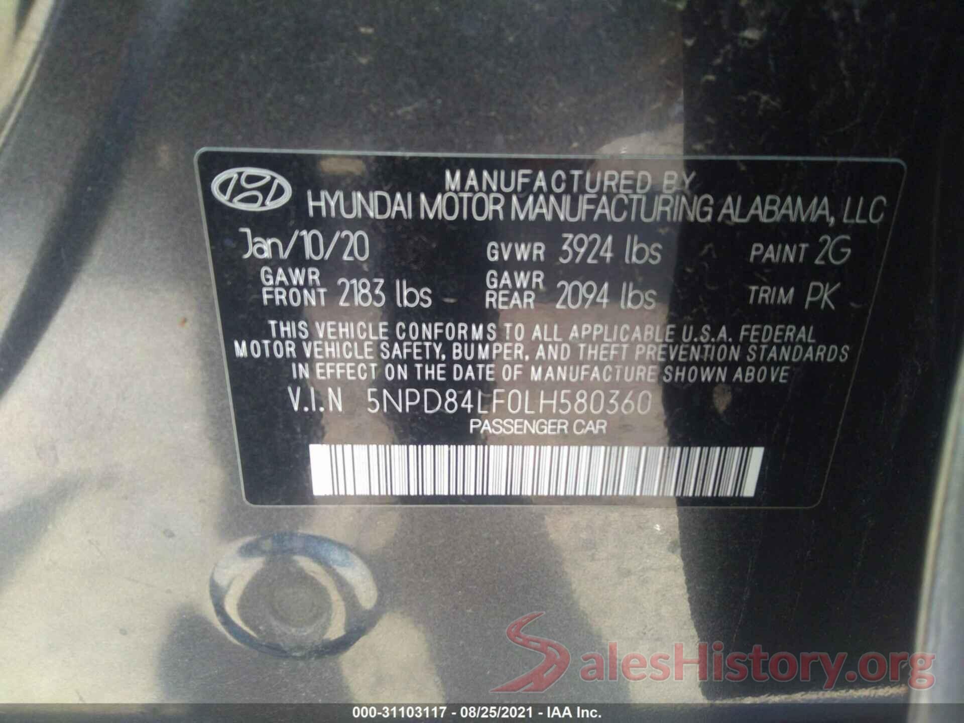 5NPD84LF0LH580360 2020 HYUNDAI ELANTRA