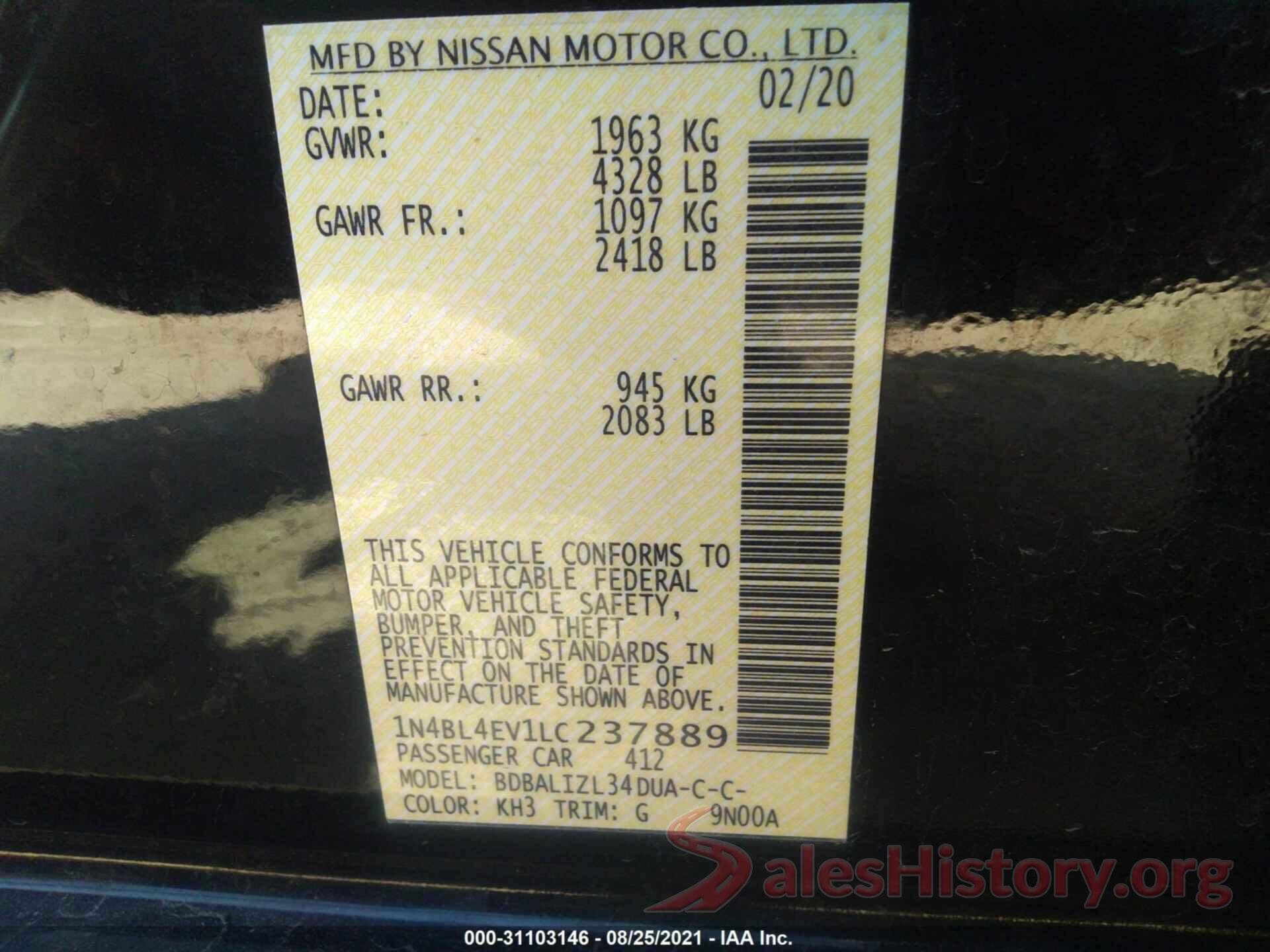 1N4BL4EV1LC237889 2020 NISSAN ALTIMA