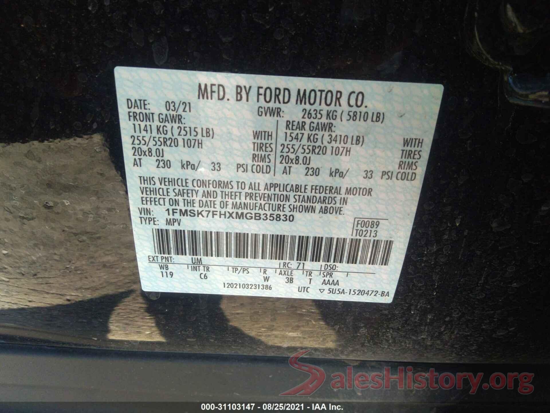 1FMSK7FHXMGB35830 2021 FORD EXPLORER