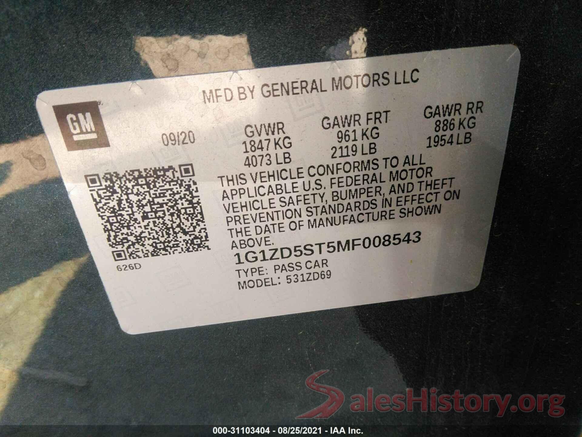 1G1ZD5ST5MF008543 2021 CHEVROLET MALIBU