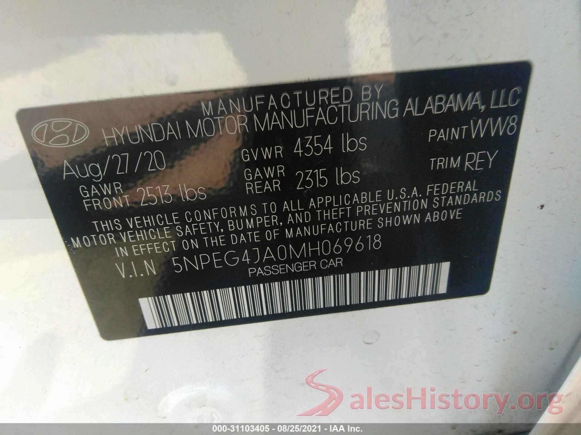 5NPEG4JA0MH069618 2021 HYUNDAI SONATA