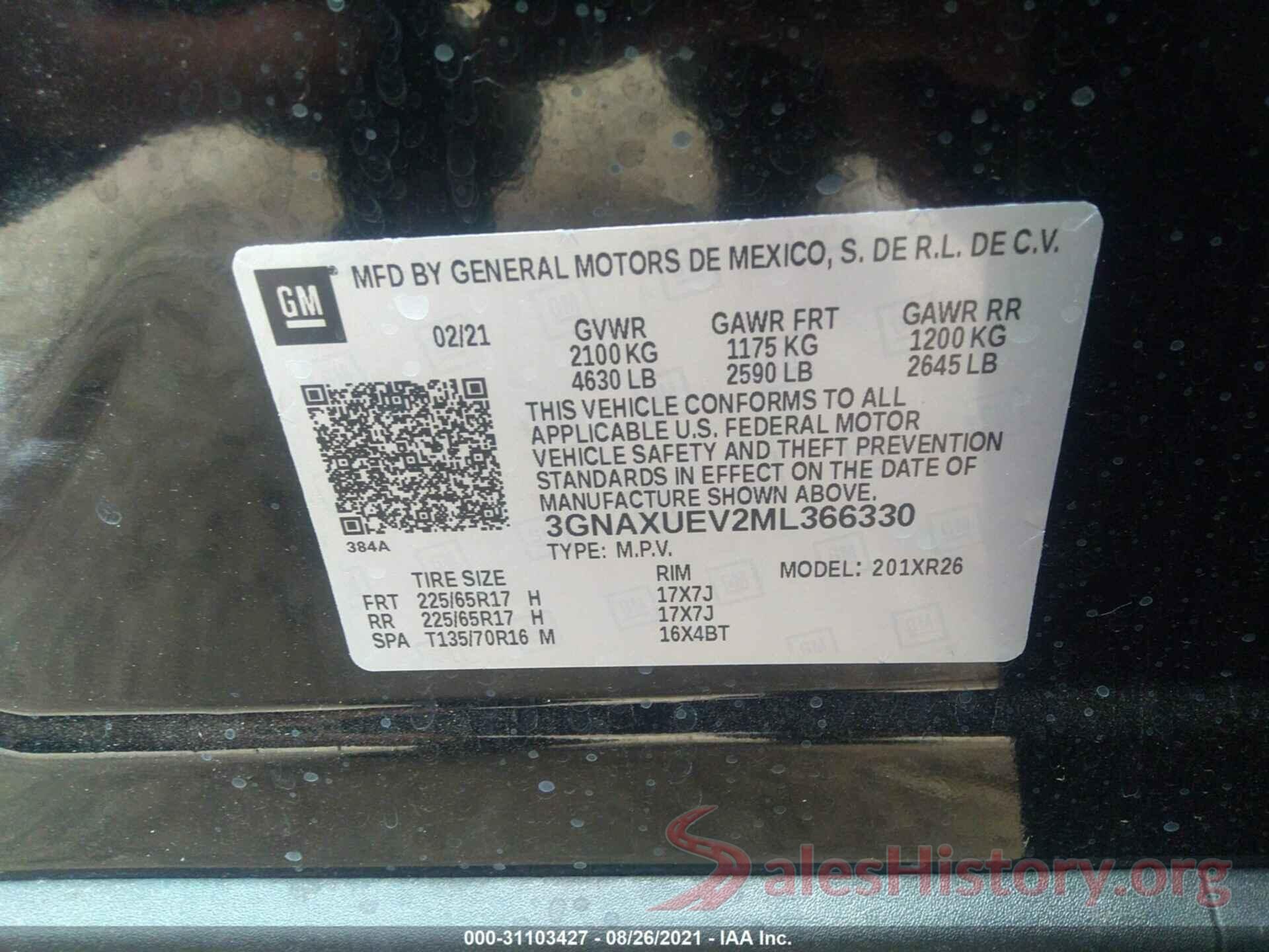 3GNAXUEV2ML366330 2021 CHEVROLET EQUINOX