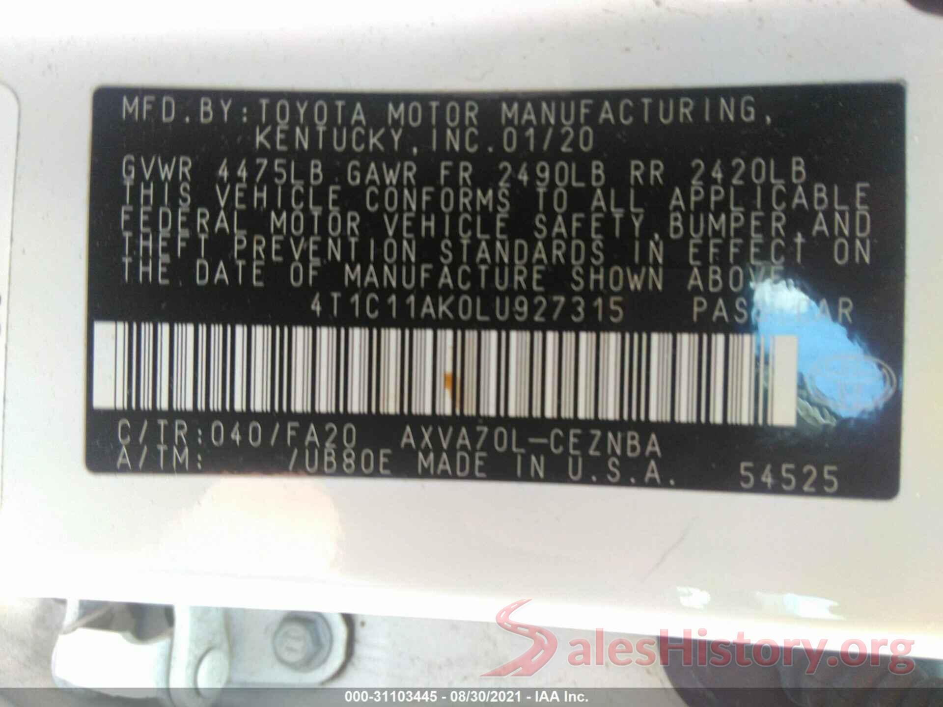 4T1C11AK0LU927315 2020 TOYOTA CAMRY