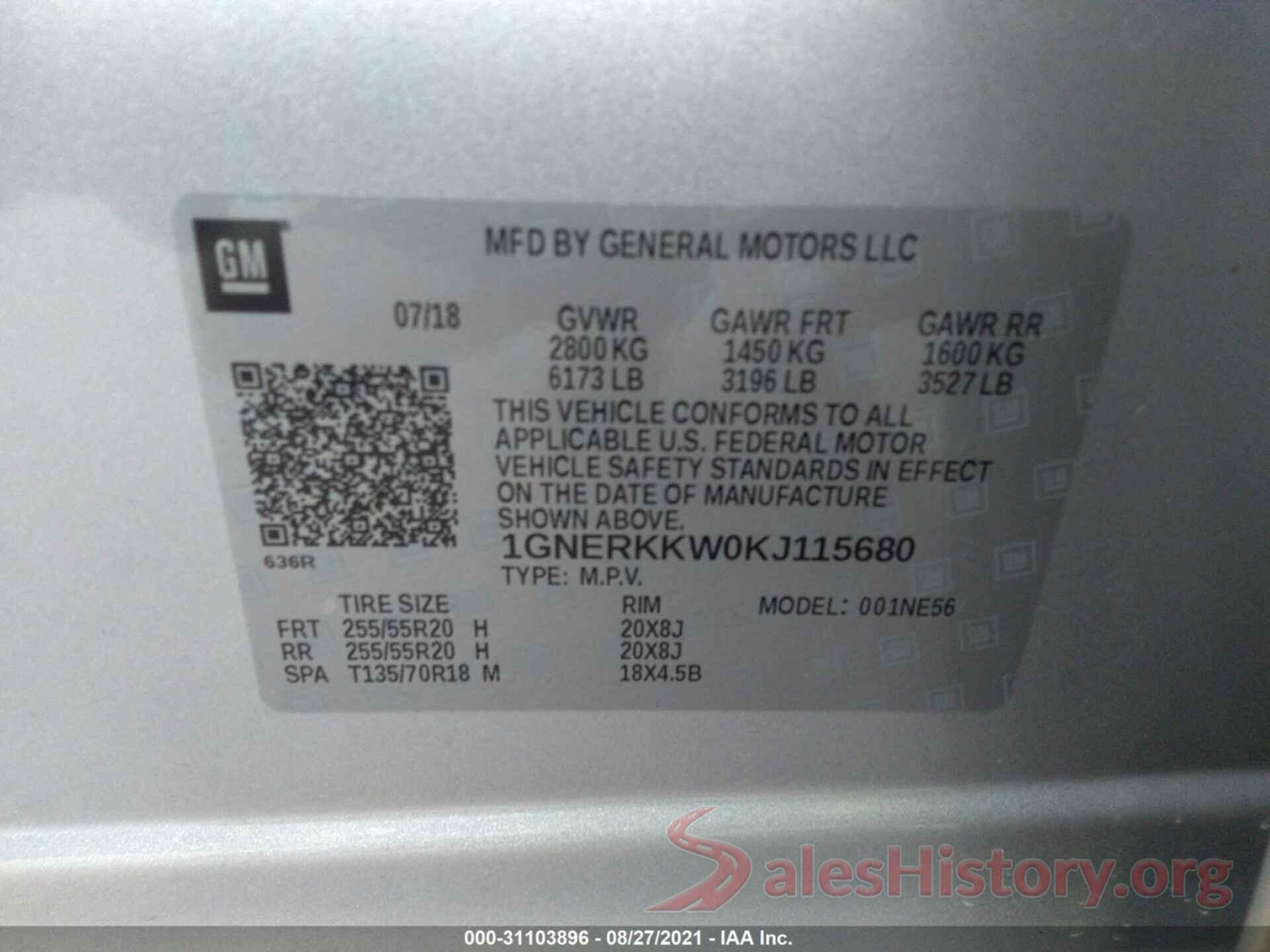 1GNERKKW0KJ115680 2019 CHEVROLET TRAVERSE