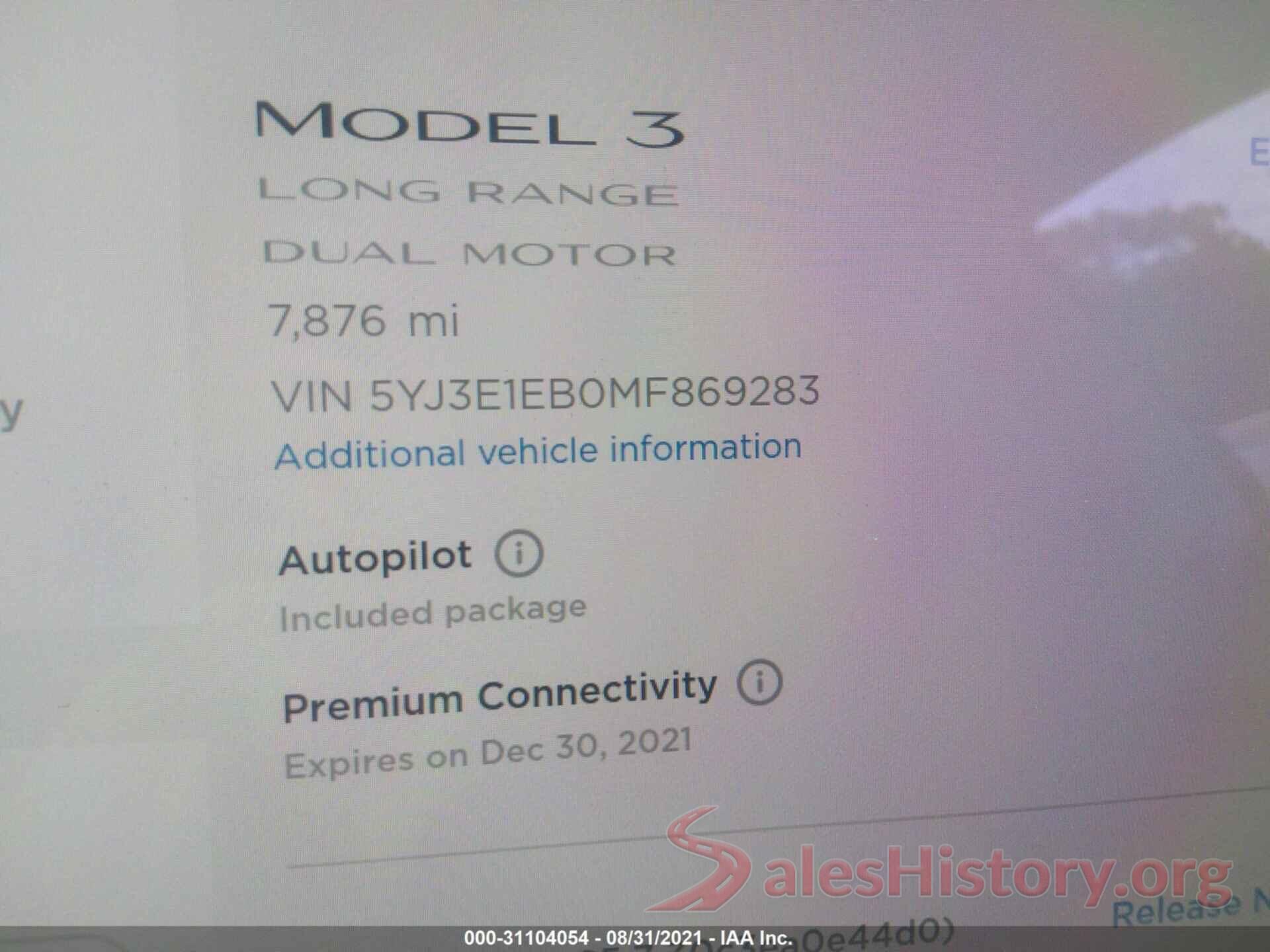 5YJ3E1EB0MF869283 2021 TESLA MODEL 3