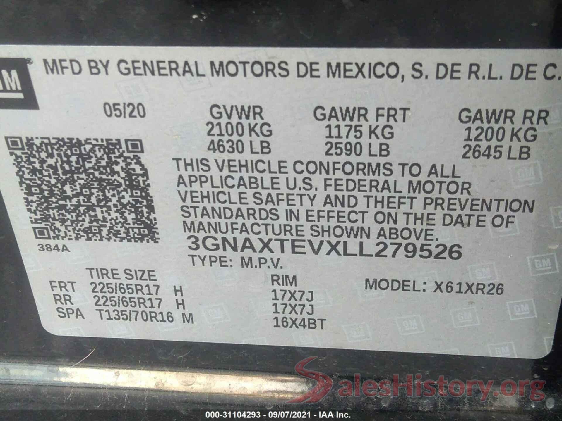 3GNAXTEVXLL279526 2020 CHEVROLET EQUINOX