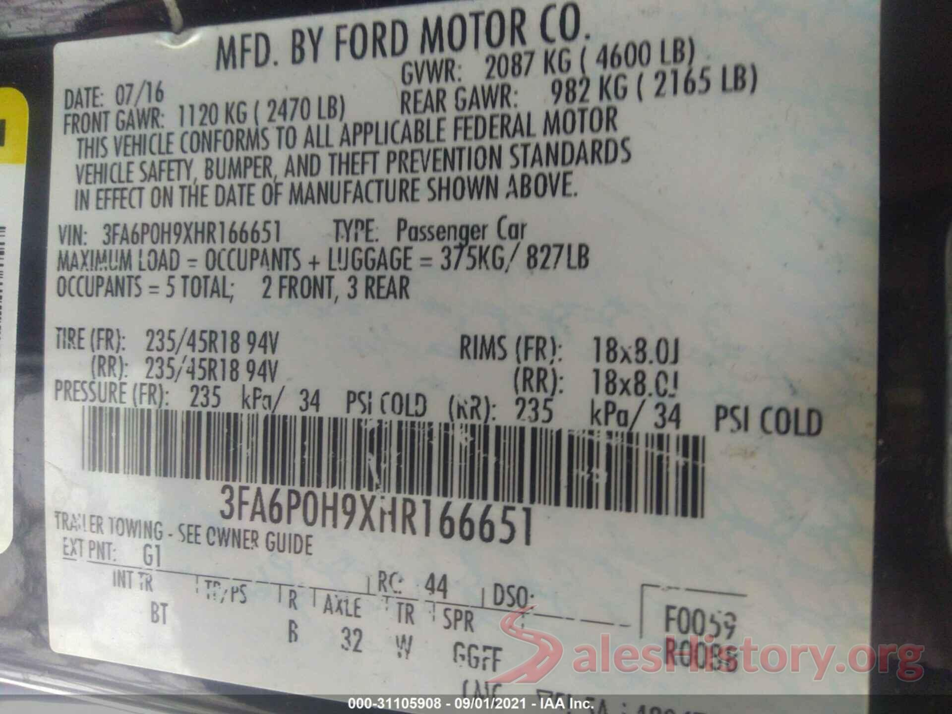 3FA6P0H9XHR166651 2017 FORD FUSION