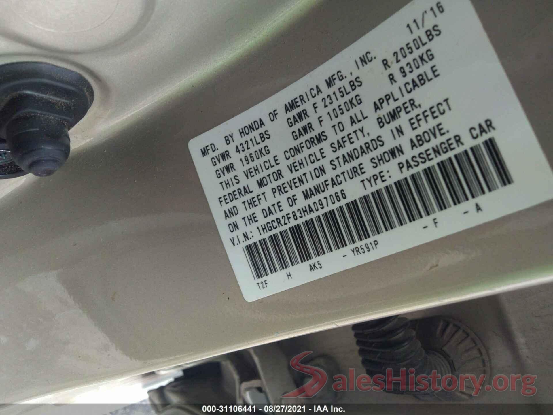 1HGCR2F83HA097066 2017 HONDA ACCORD SEDAN