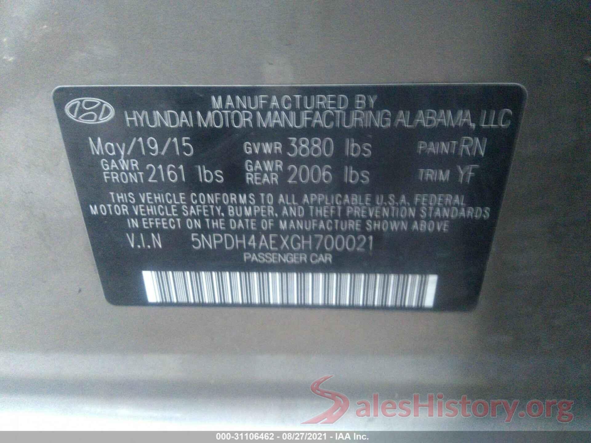 5NPDH4AEXGH700021 2016 HYUNDAI ELANTRA