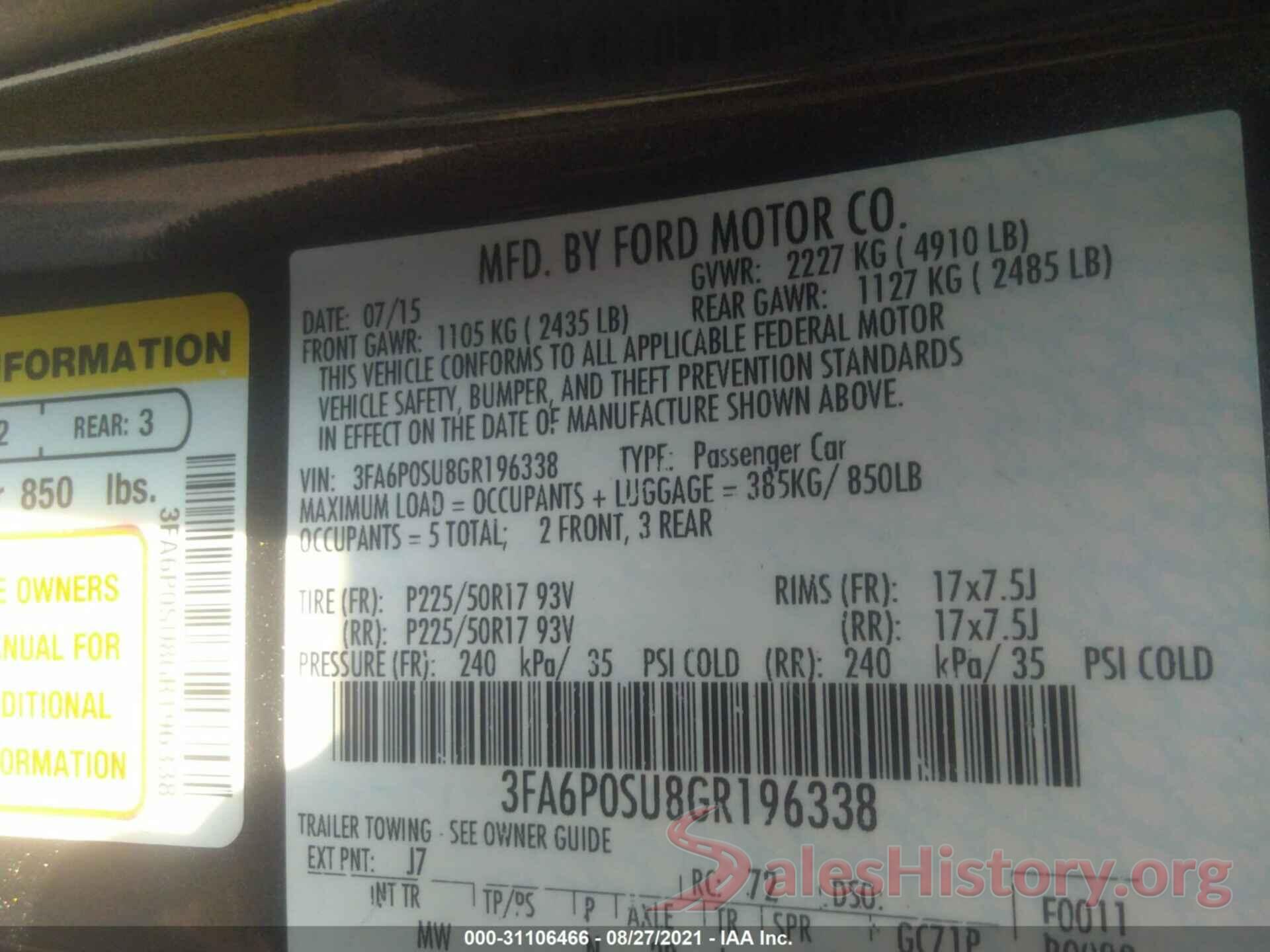 3FA6P0SU8GR196338 2016 FORD FUSION ENERGI