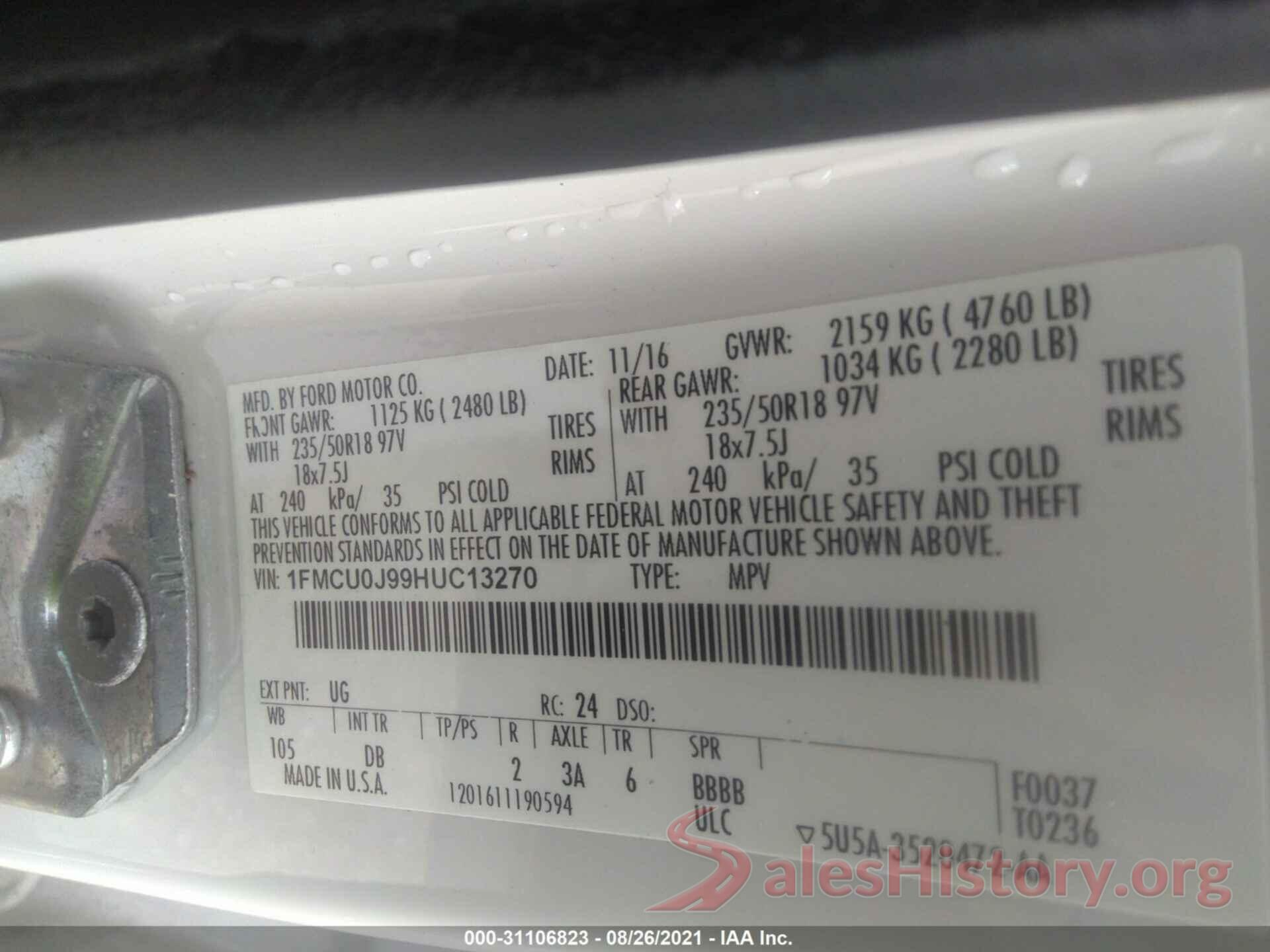 1FMCU0J99HUC13270 2017 FORD ESCAPE