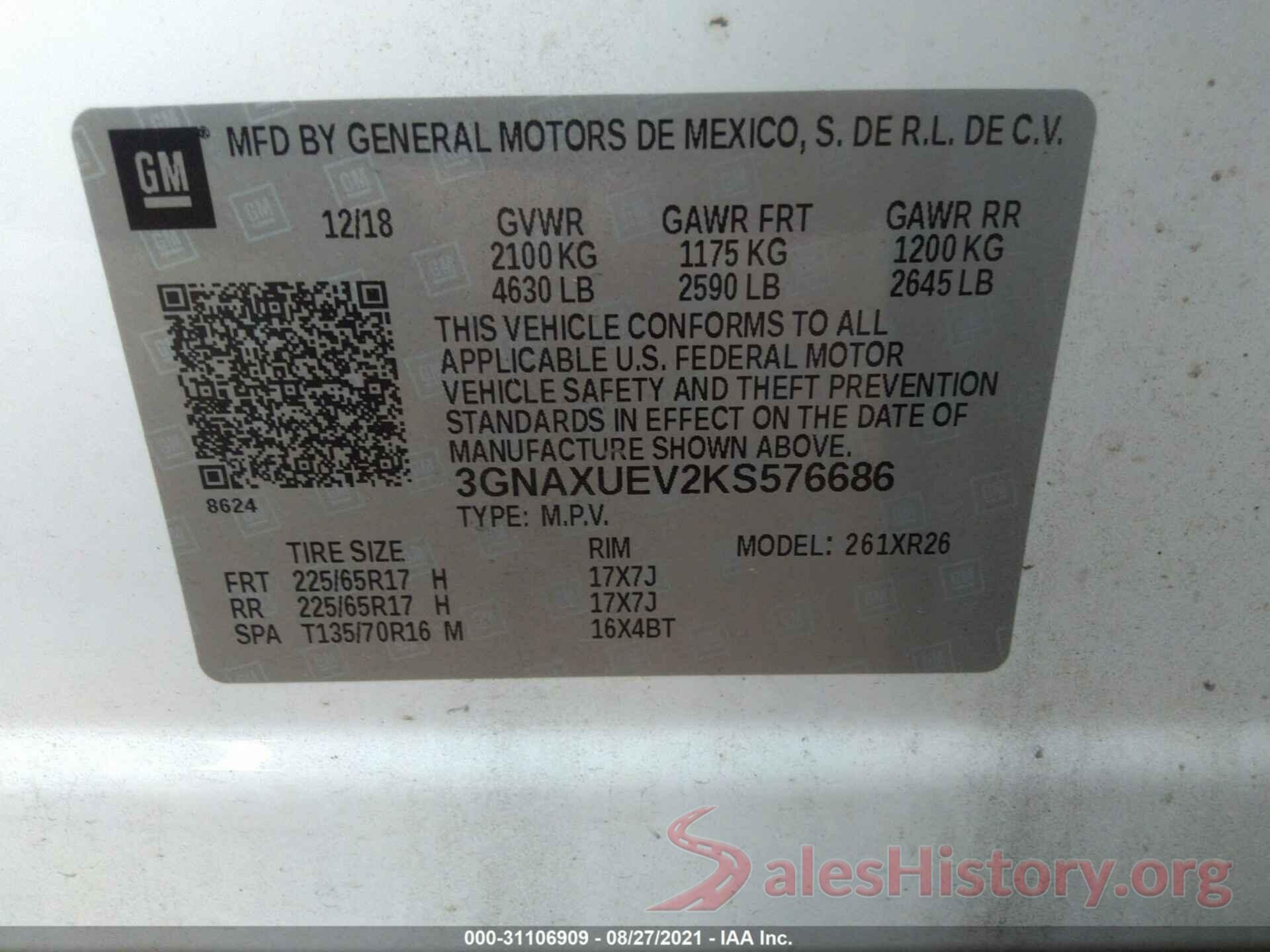 3GNAXUEV2KS576686 2019 CHEVROLET EQUINOX