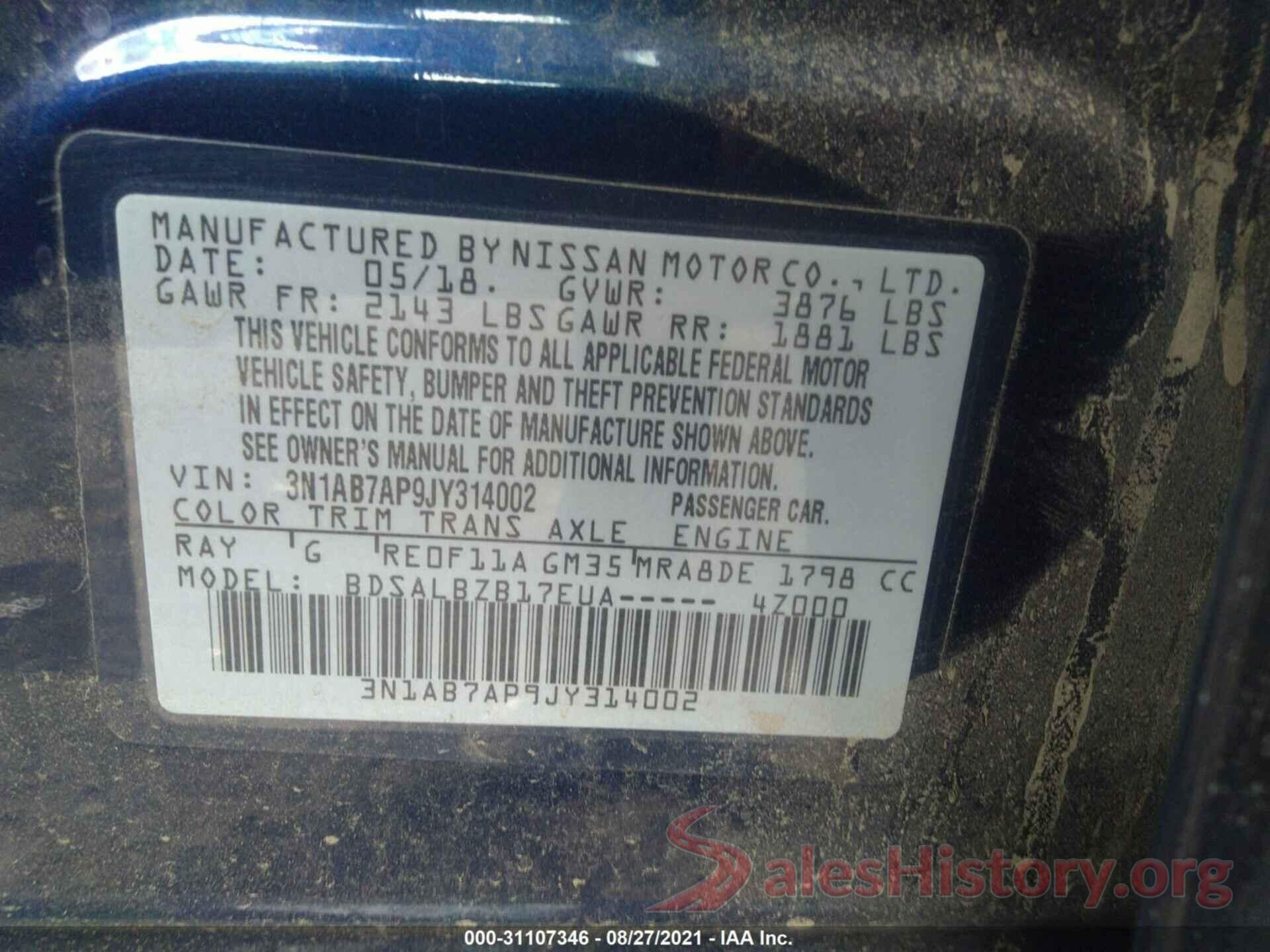 3N1AB7AP9JY314002 2018 NISSAN SENTRA