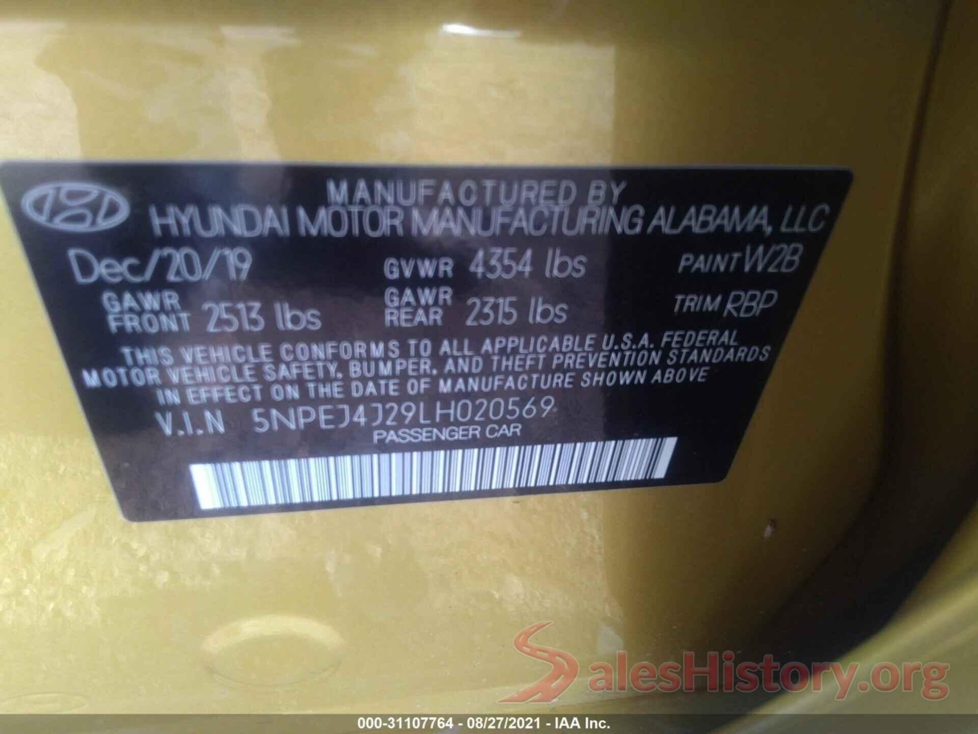 5NPEJ4J29LH020569 2020 HYUNDAI SONATA