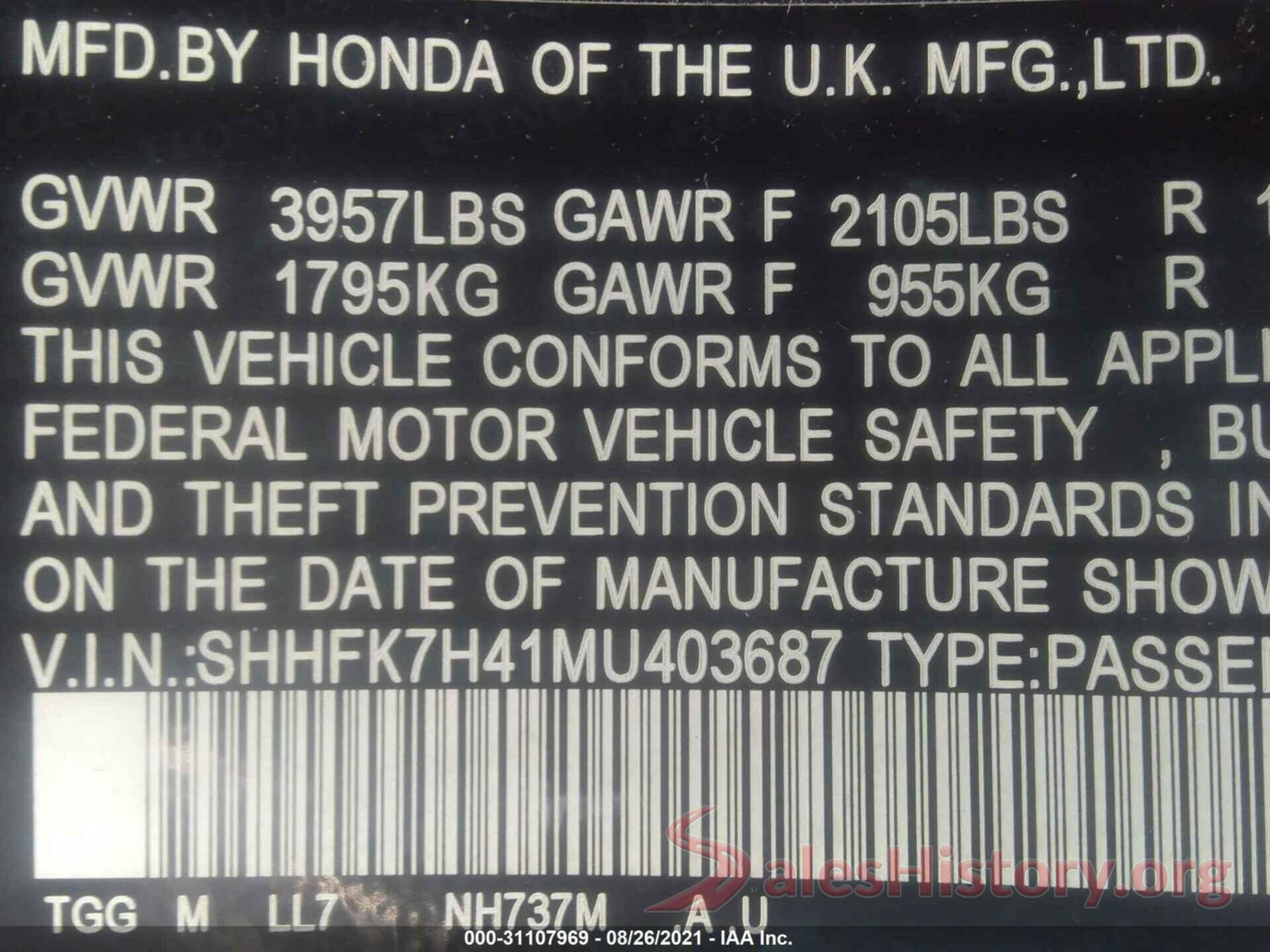 SHHFK7H41MU403687 2021 HONDA CIVIC HATCHBACK