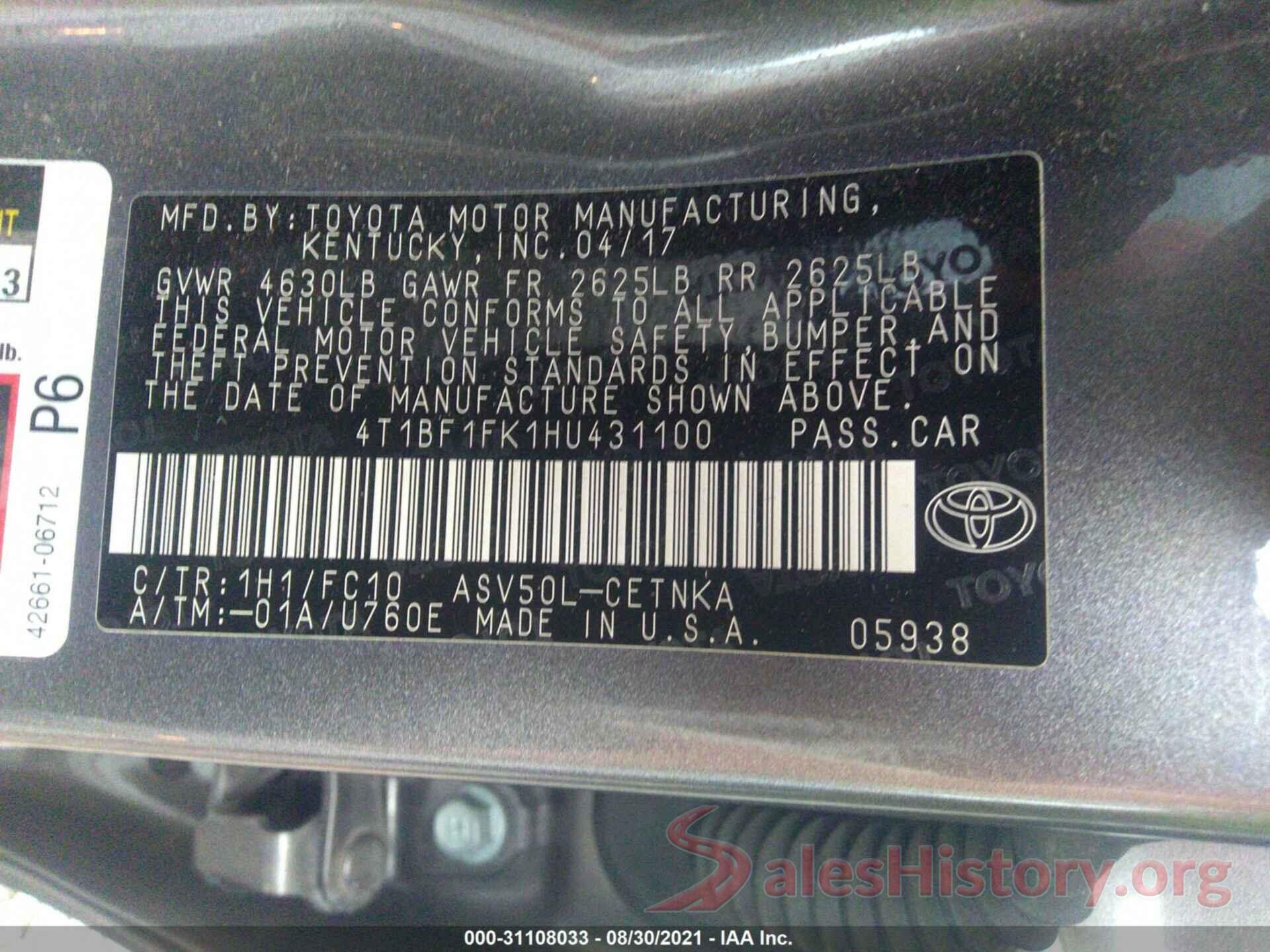 4T1BF1FK1HU431100 2017 TOYOTA CAMRY