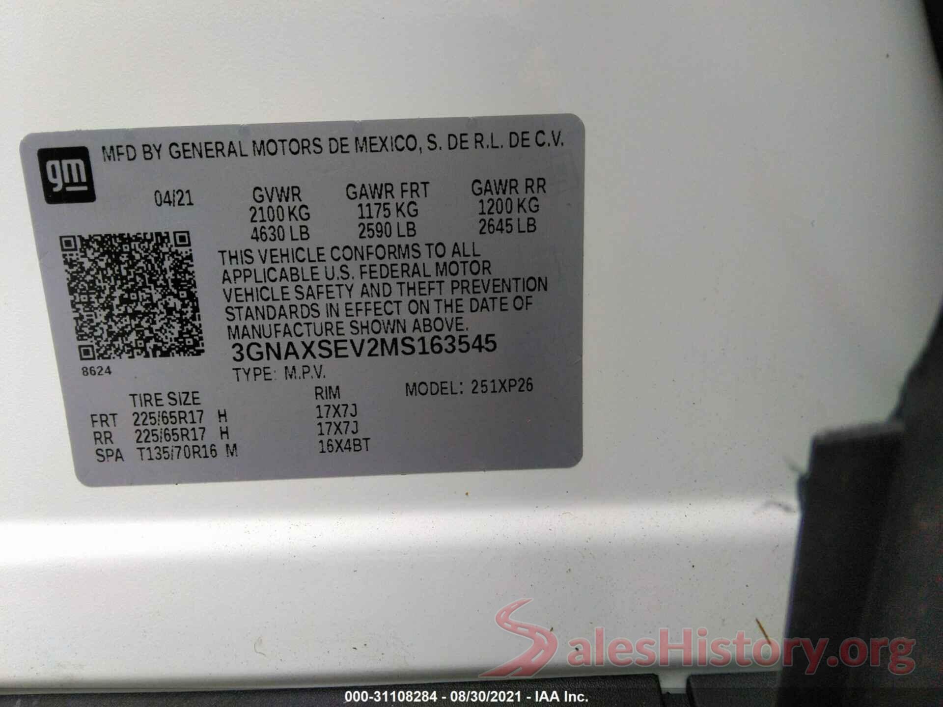 3GNAXSEV2MS163545 2021 CHEVROLET EQUINOX