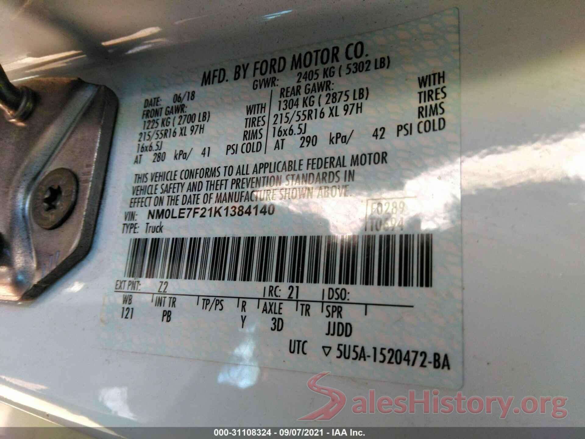 NM0LE7F21K1384140 2019 FORD TRANSIT CONNECT VAN